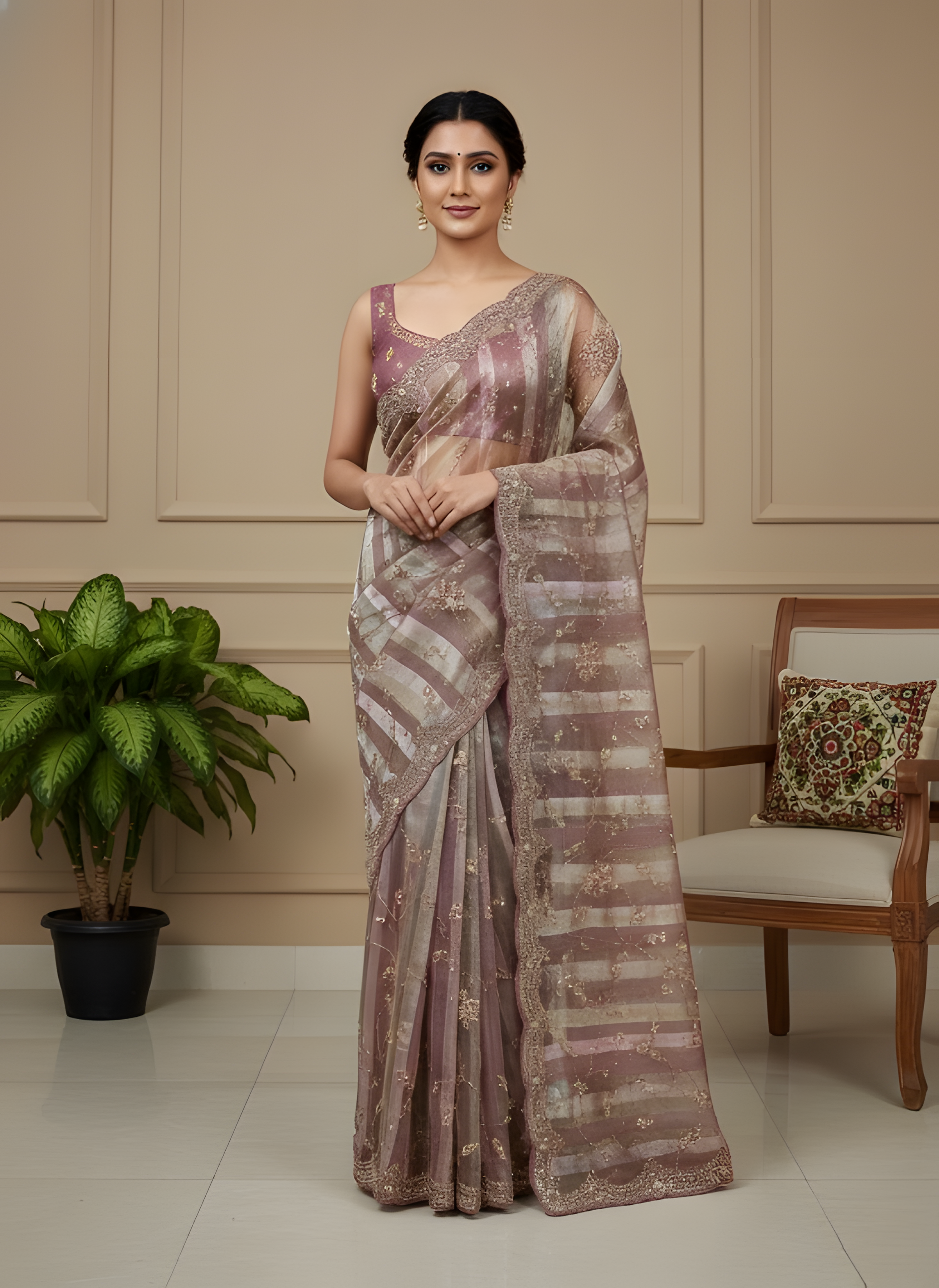 Dusty Mauve Tissue Saree with Embroidered Border Suruchi Sarees
