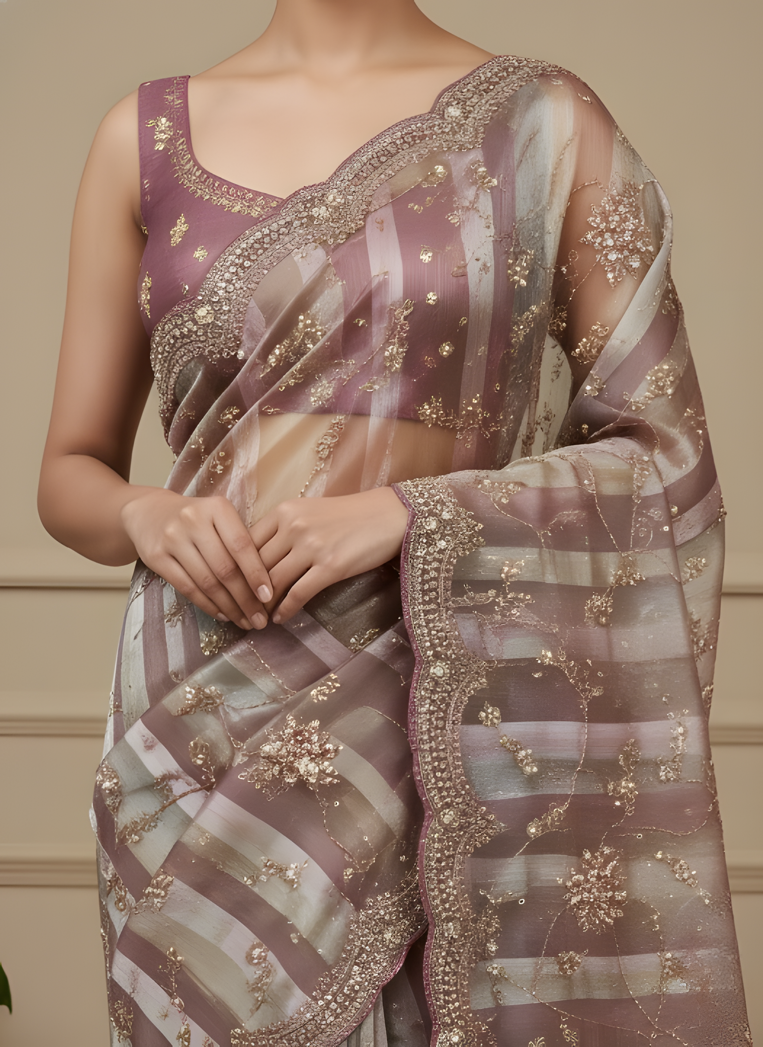 Dusty Mauve Tissue Saree with Embroidered Border Suruchi Sarees
