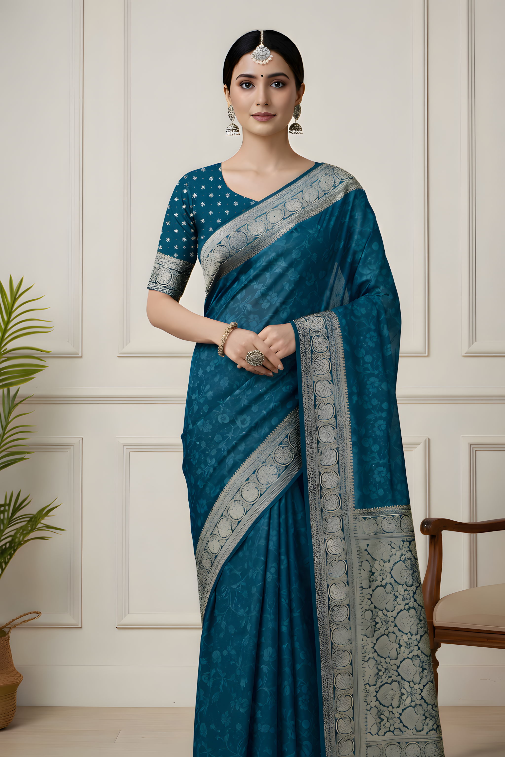 Woman wearing a blue saree with a white pattern against a neutral background