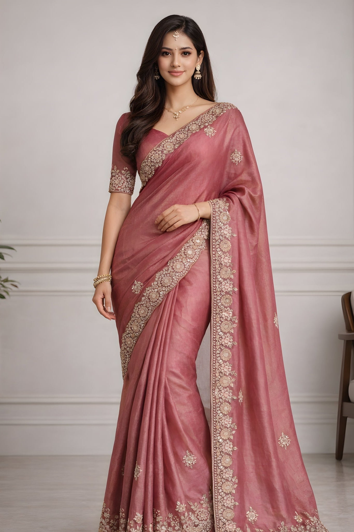 Woman wearing a pink saree with gold embroidery in an indoor setting