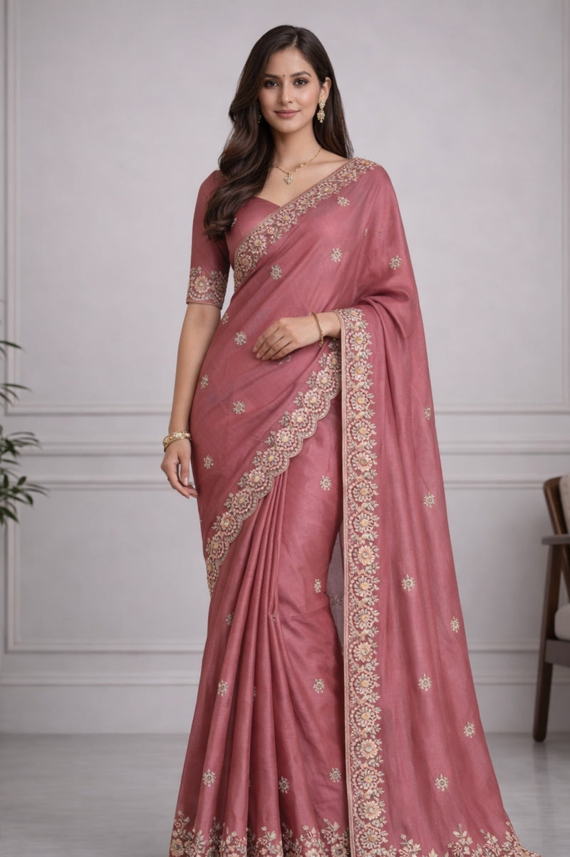 Rose Pink Fendi Saree with Cutdana & Jarkan Border Suruchi Sarees
