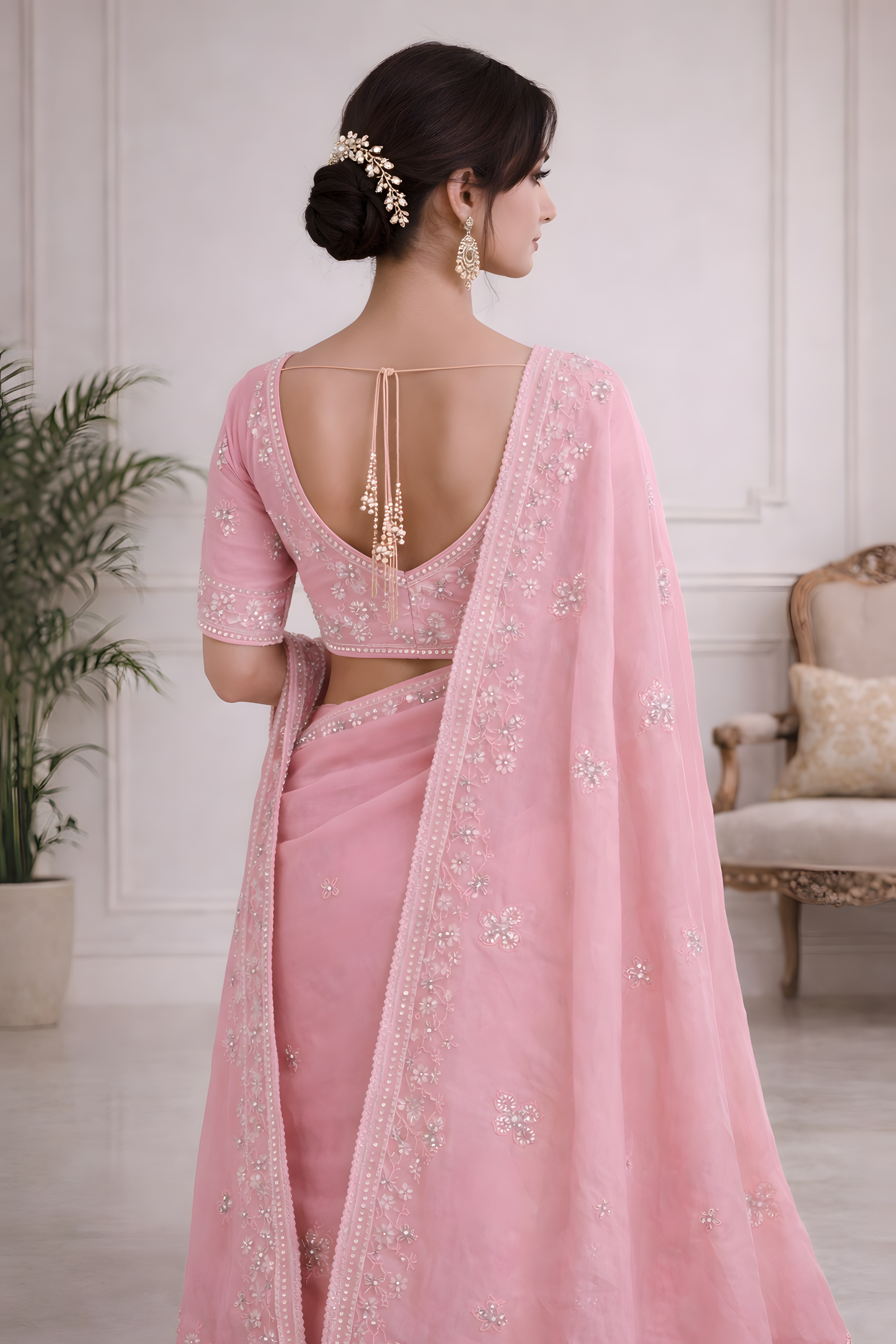 Blush Pink Crepe Saree with Floral Stone Work Suruchi Sarees