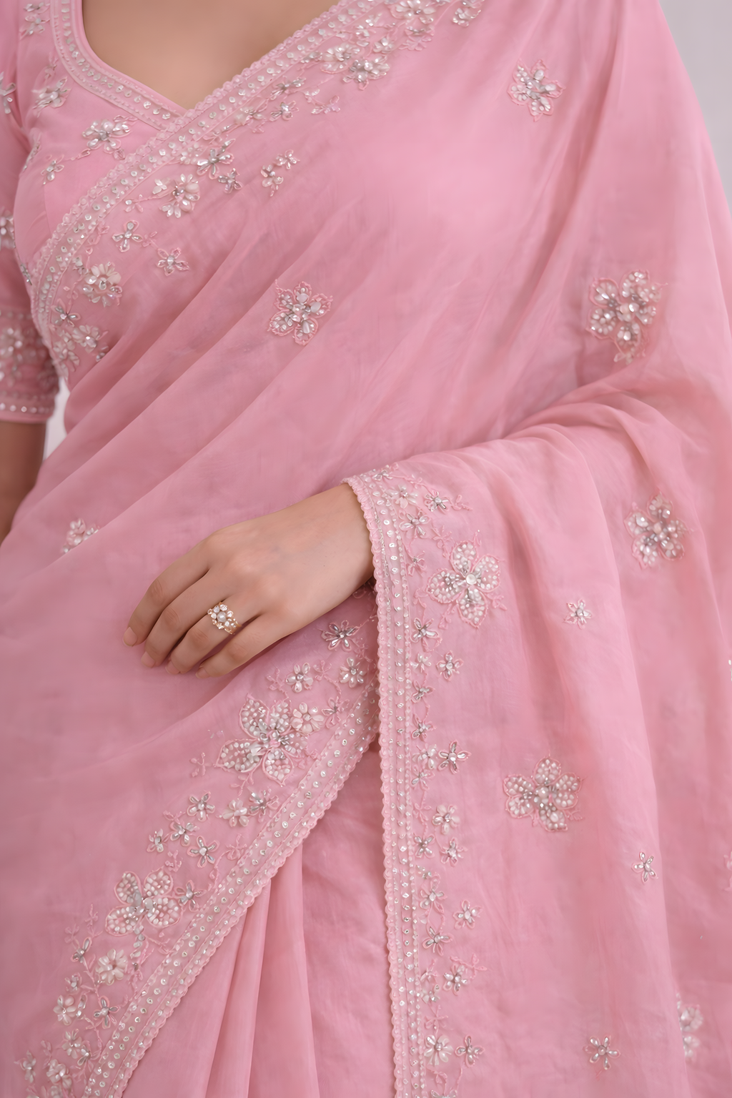 Blush Pink Crepe Saree with Floral Stone Work Suruchi Sarees