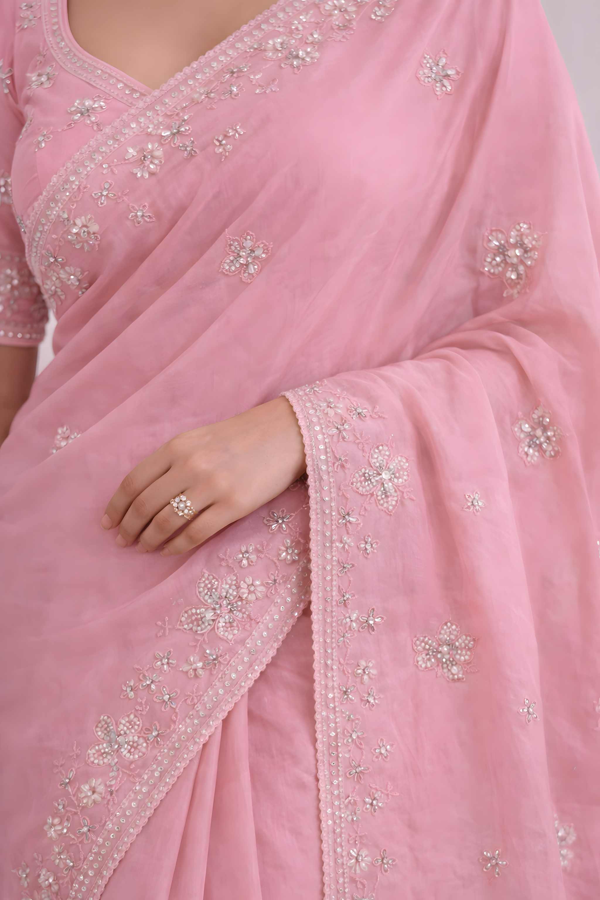 Blush Pink Crepe Saree with Floral Stone Work Suruchi Sarees