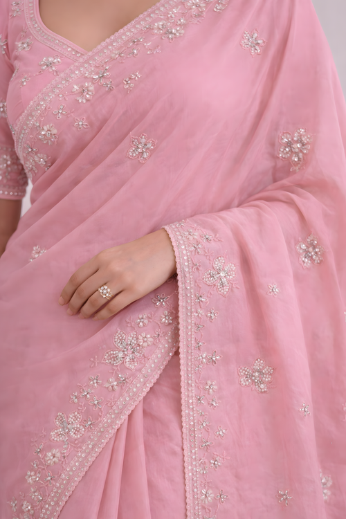 Blush Pink Crepe Saree with Floral Stone Work Suruchi Sarees