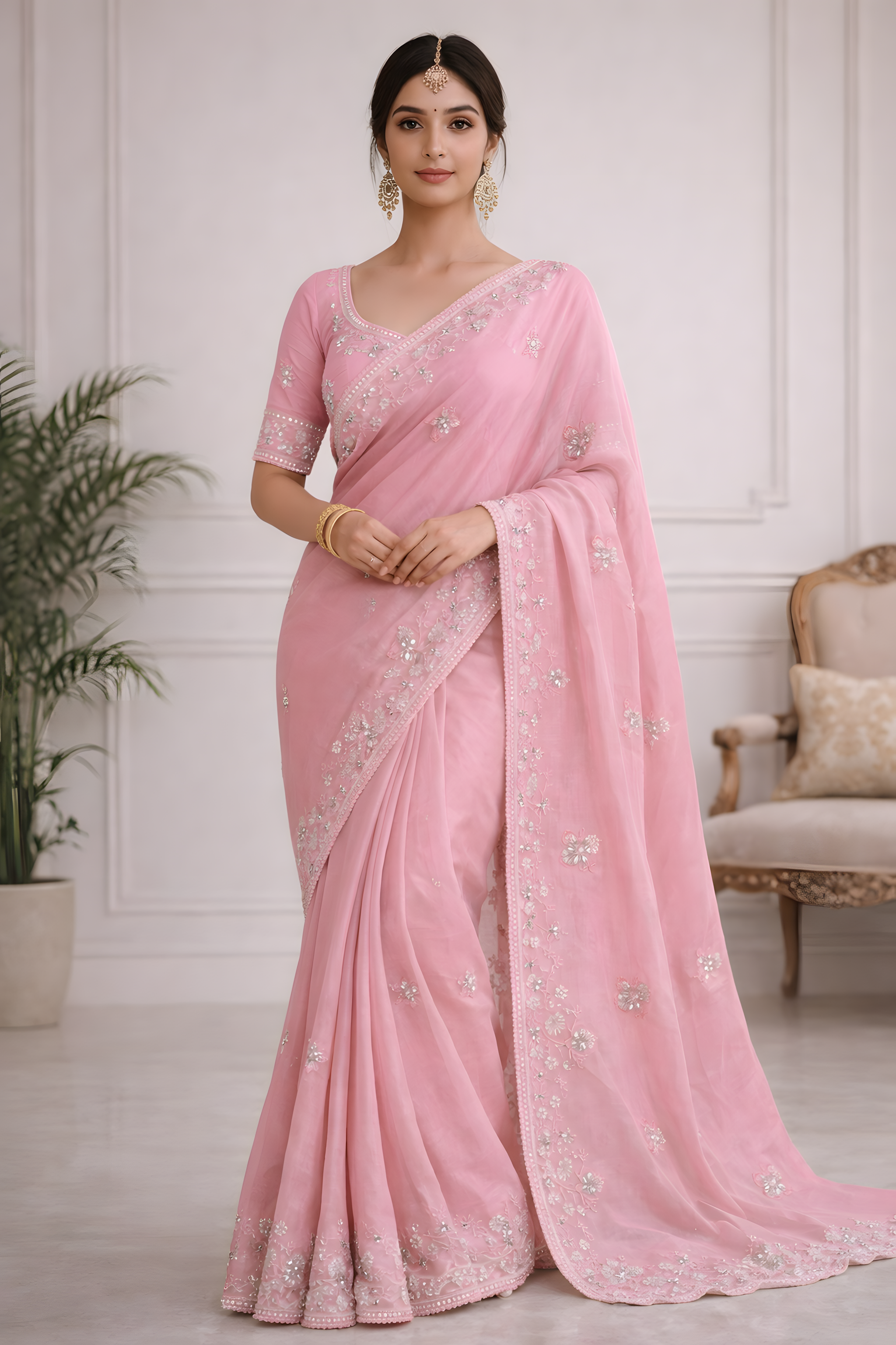 Blush Pink Crepe Saree with Floral Stone Work Suruchi Sarees