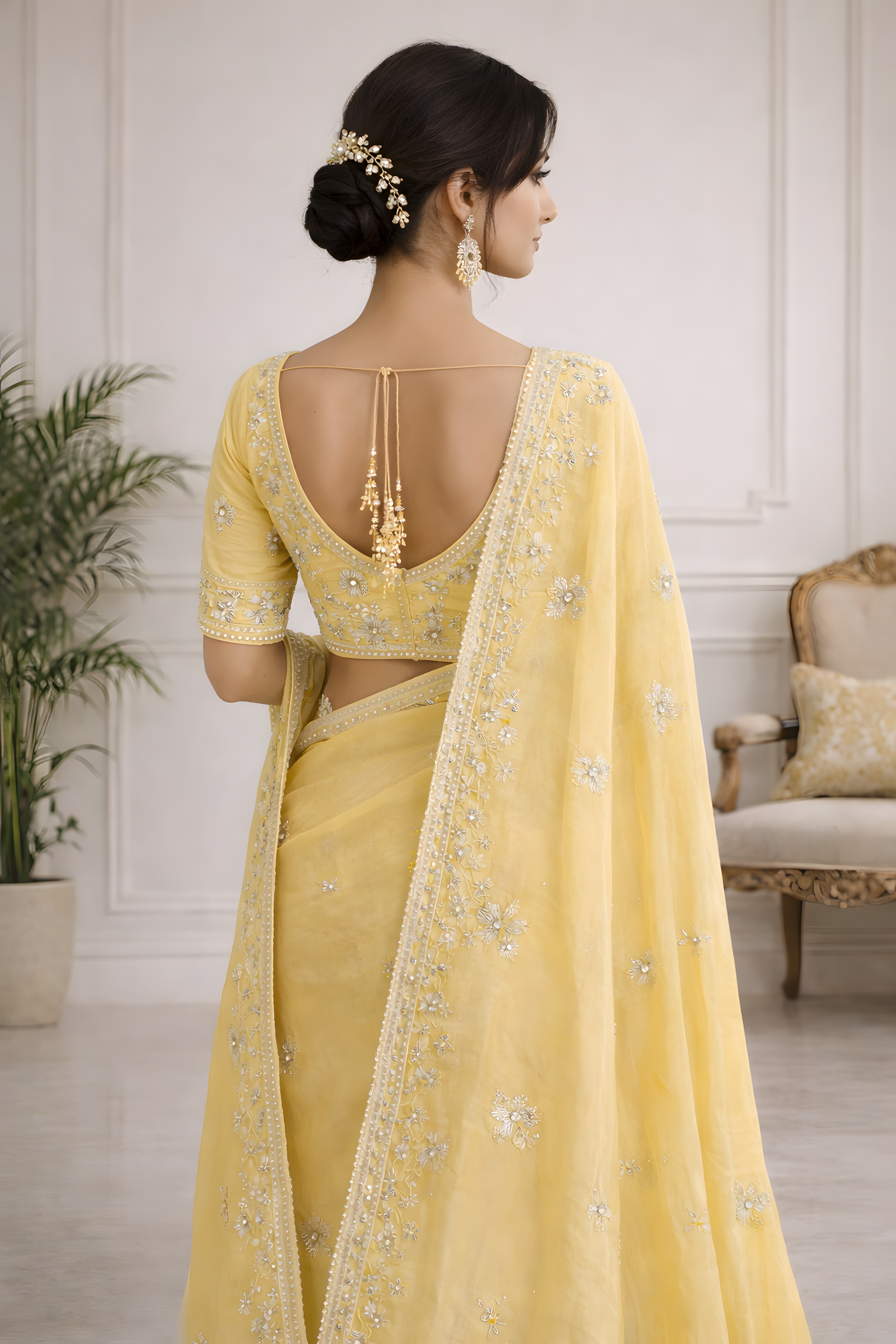 Pastel Yellow Crepe Saree with Floral Stone Work Suruchi Sarees