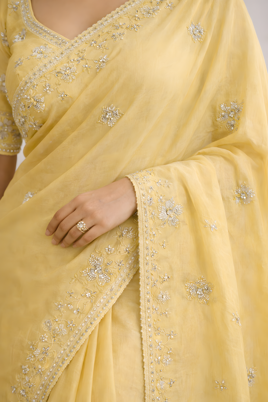 Pastel Yellow Crepe Saree with Floral Stone Work Suruchi Sarees