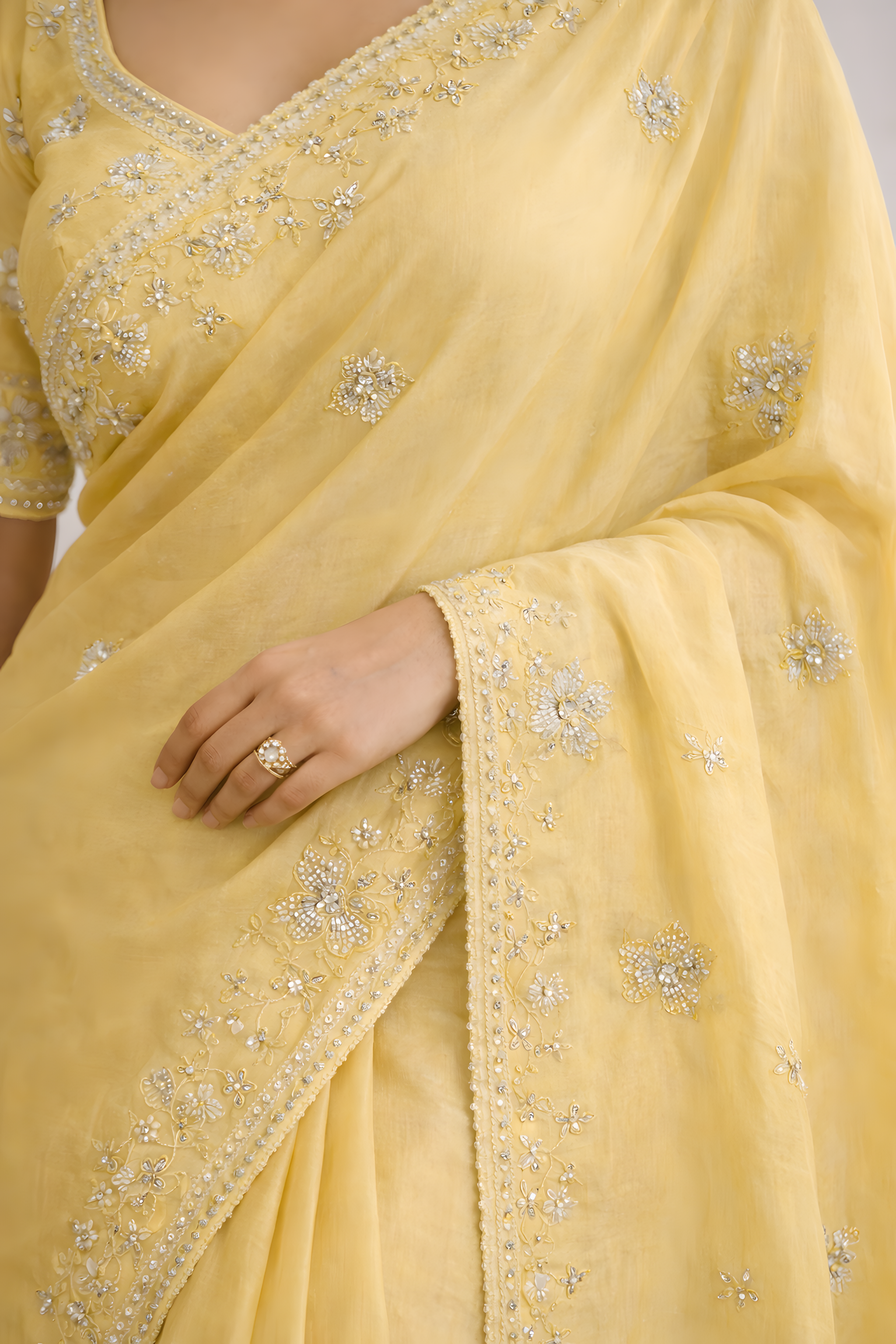 Pastel Yellow Crepe Saree with Floral Stone Work Suruchi Sarees