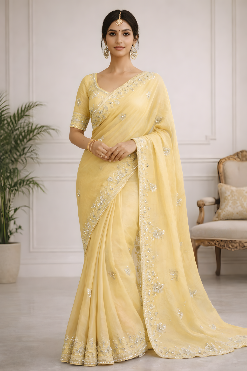 Pastel Yellow Crepe Saree with Floral Stone Work Suruchi Sarees