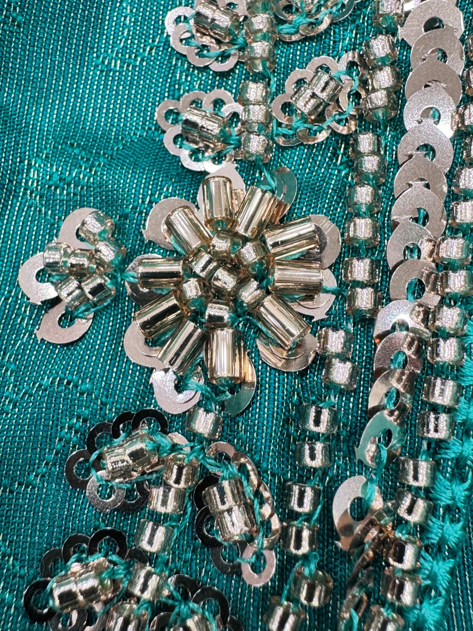 Close-up of decorative sequin fabric with metallic embellishments on a teal background