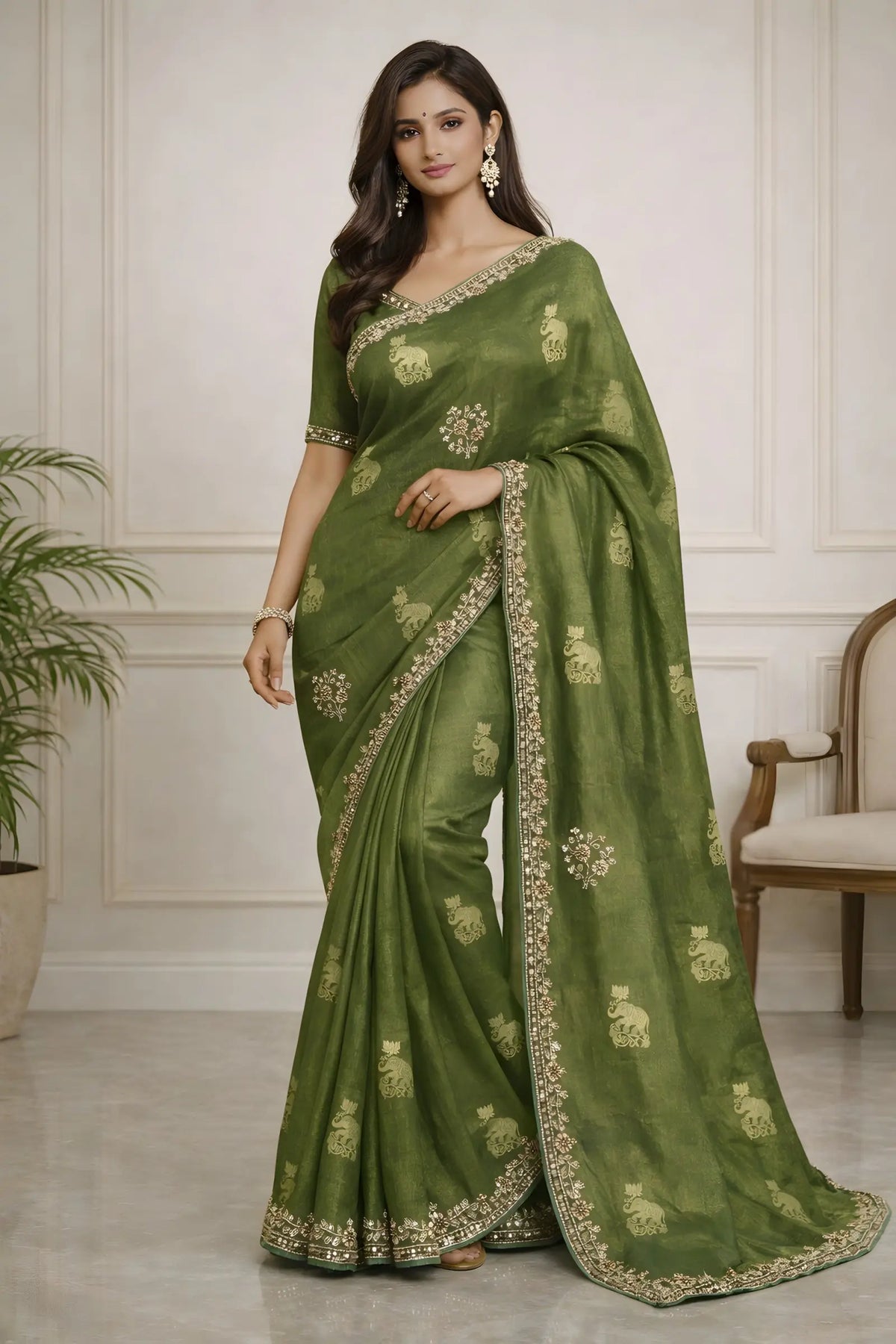Woman wearing a green saree with gold embroidery in an indoor setting.
