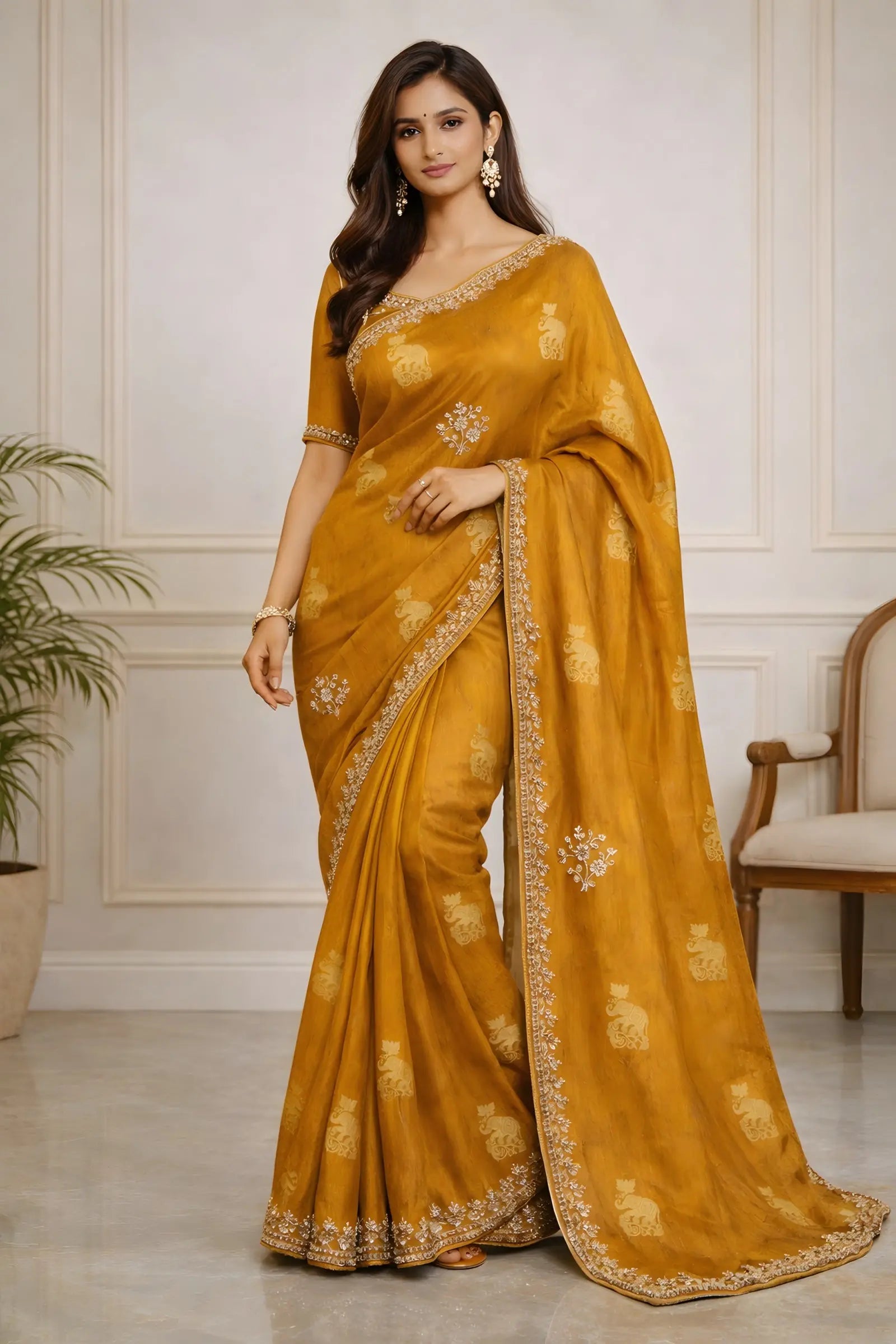 Woman wearing a mustard yellow saree with a white background