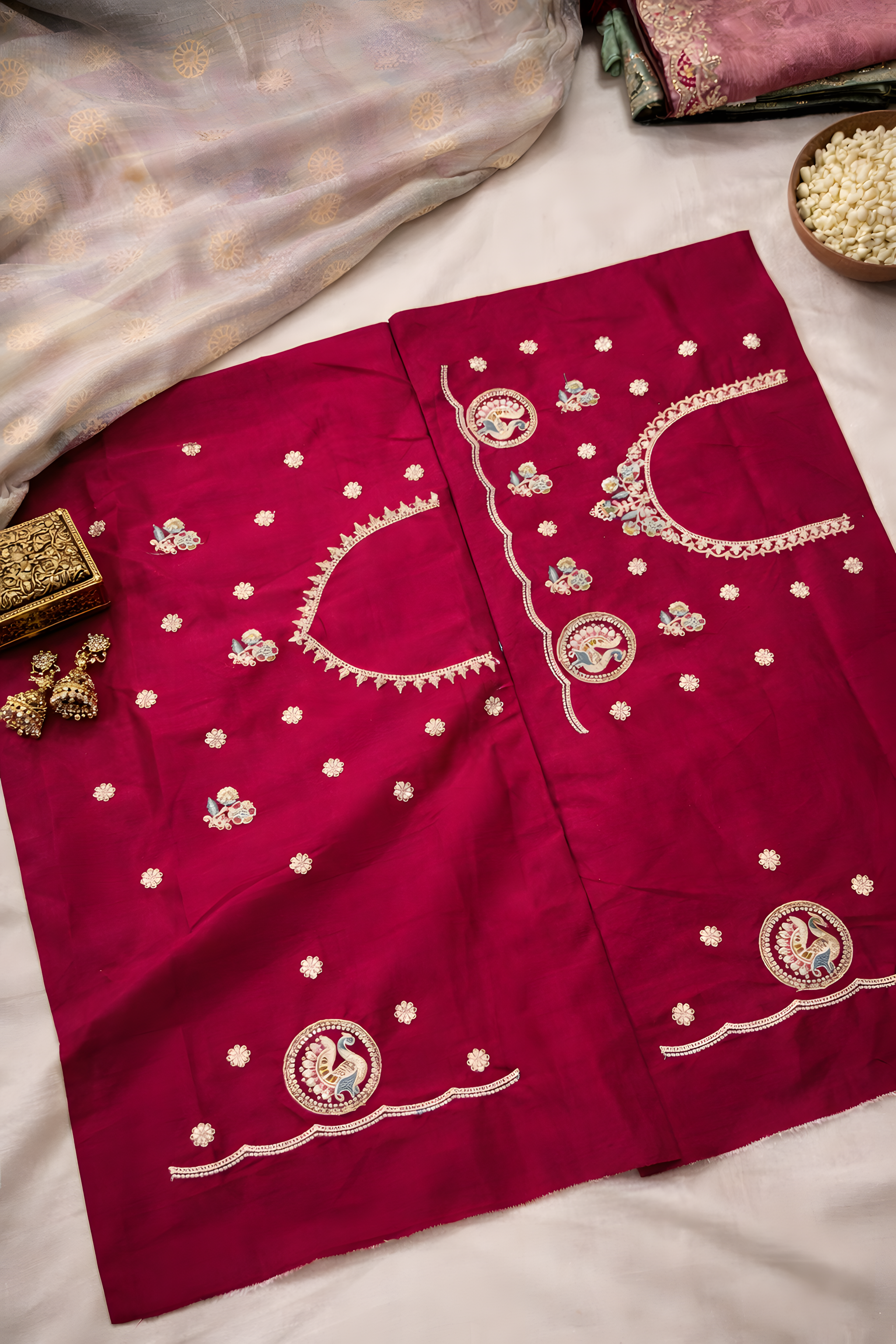 Red fabric with gold embroidery on a white surface