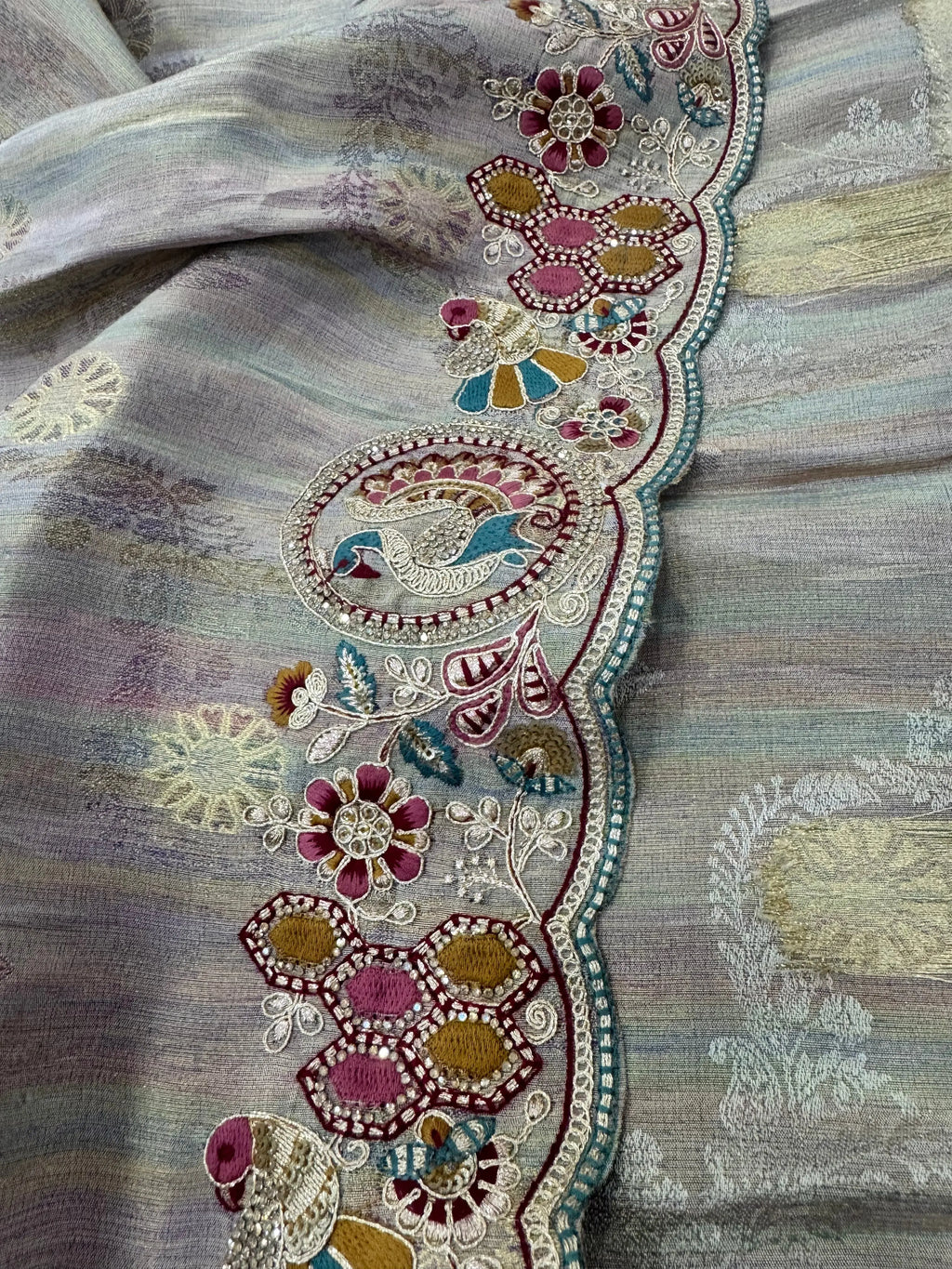 Pastel Grey Silk Saree with Hand-Embroidered Border Suruchi Sarees