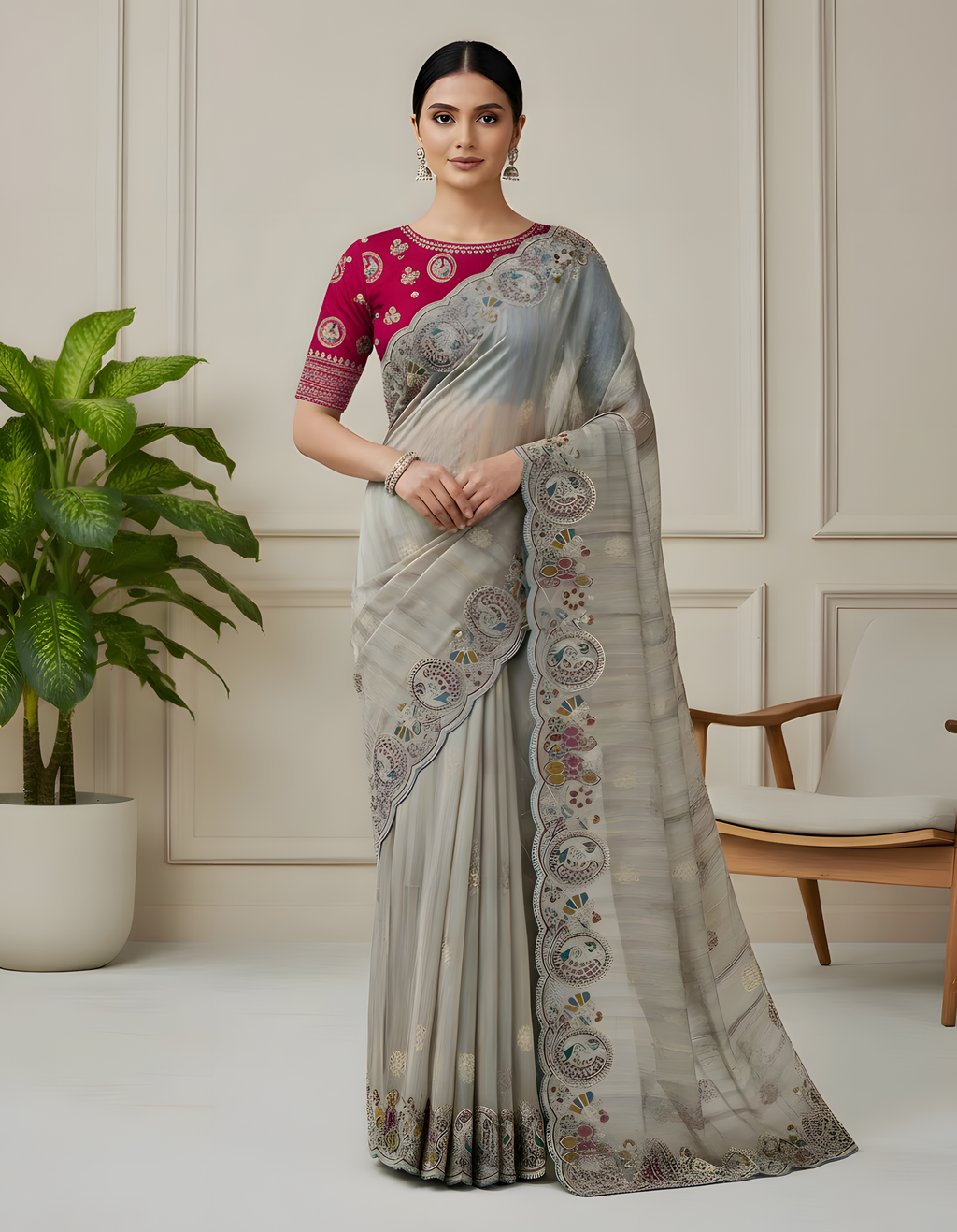 Pastel Grey Silk Saree with Hand-Embroidered Border Suruchi Sarees
