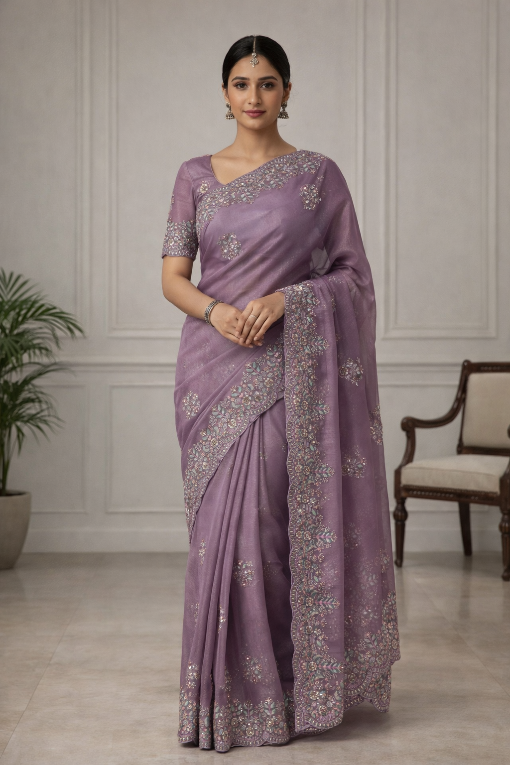 Woman wearing a purple saree with silver embroidery in an indoor setting.