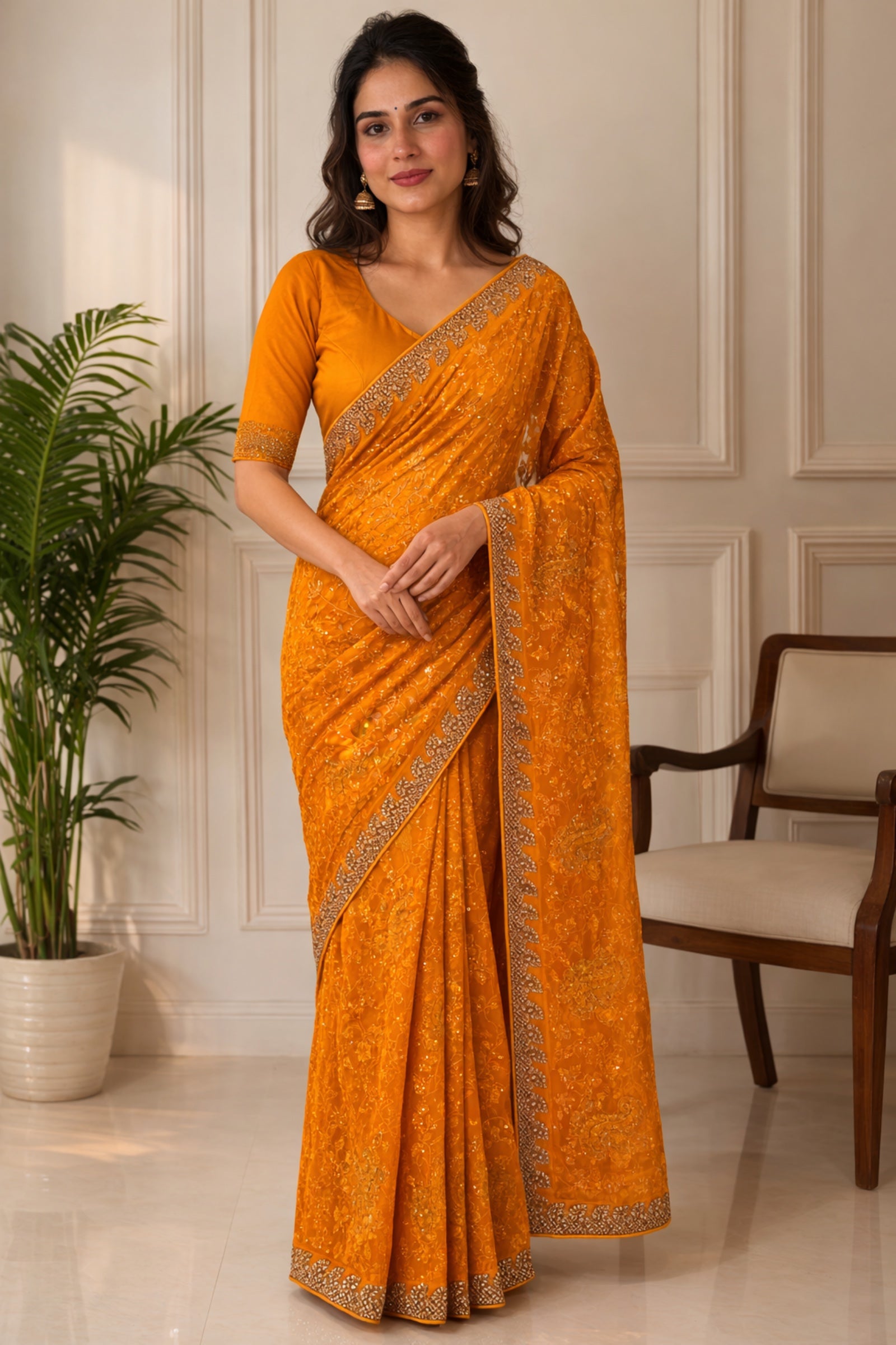 Mustard Georgette Saree with Golden Jarkan Border Suruchi Sarees