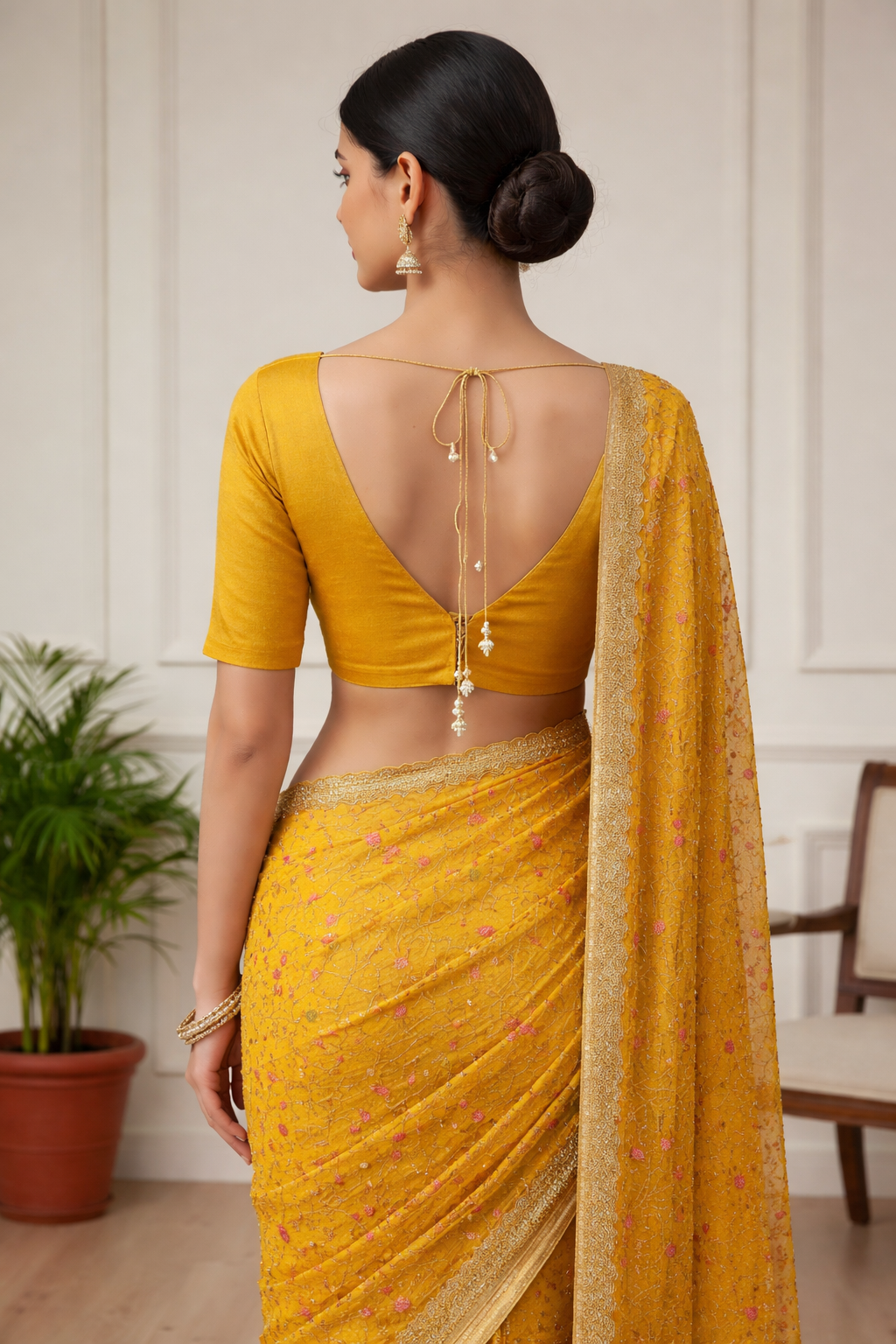 Woman wearing a mustard yellow saree with a matching blouse, standing indoors.
