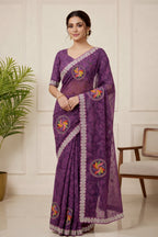 Wine Purple Georgette Saree with Resham & Jarkan Work Suruchi Sarees