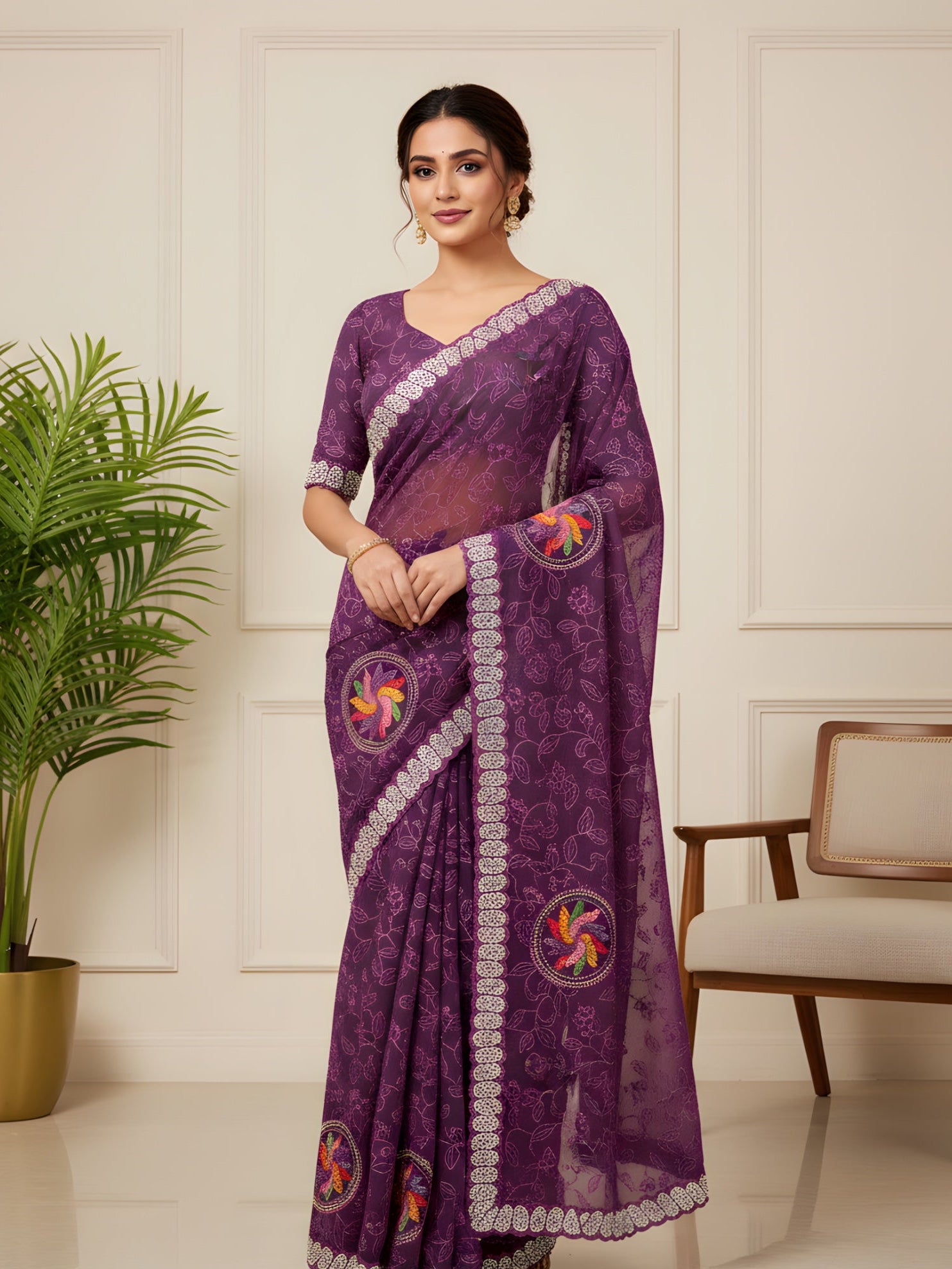 Woman wearing a purple saree with floral patterns in a room with a plant and chair.