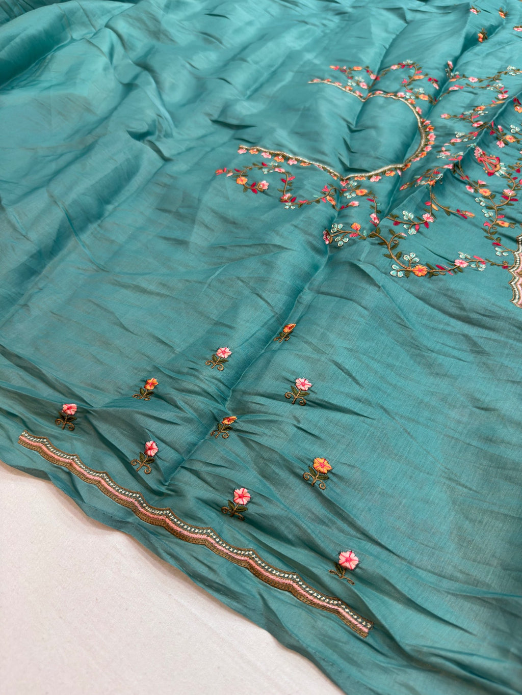Teal Satin Silk Saree with Multicolour Resham Embroidery Suruchi Sarees