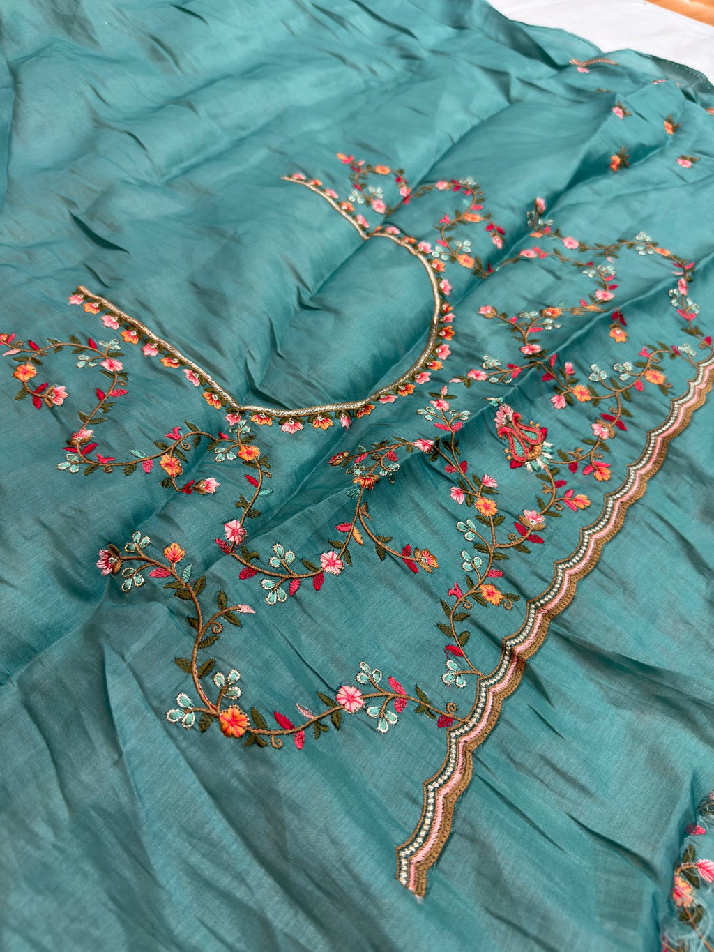 Teal Satin Silk Saree with Multicolour Resham Embroidery Suruchi Sarees