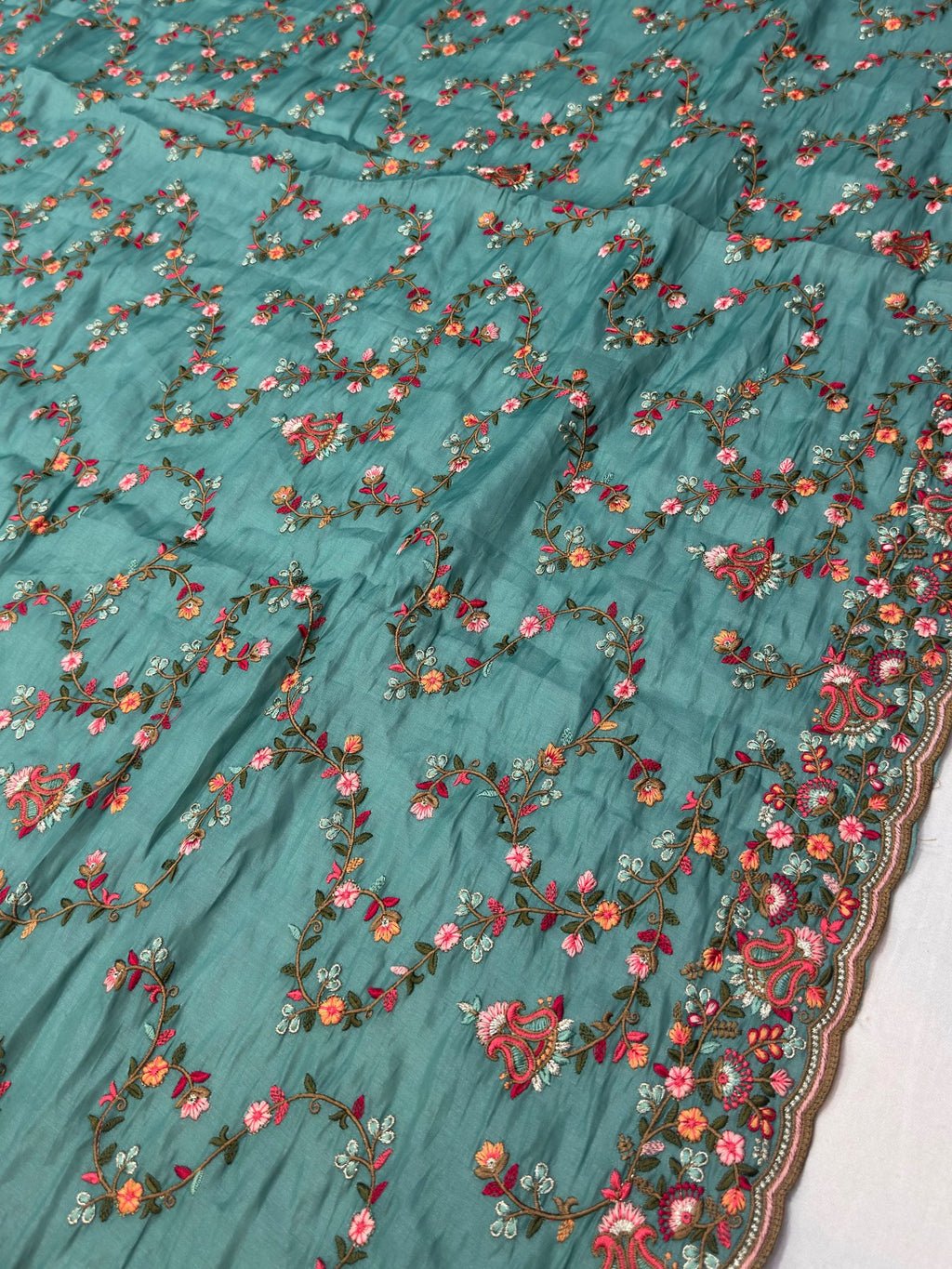 Teal Satin Silk Saree with Multicolour Resham Embroidery Suruchi Sarees