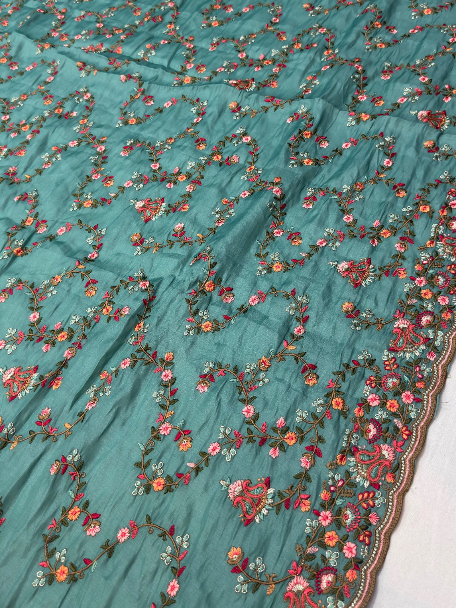 Teal Satin Silk Saree with Multicolour Resham Embroidery Suruchi Sarees