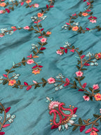 Teal Satin Silk Saree with Multicolour Resham Embroidery Suruchi Sarees