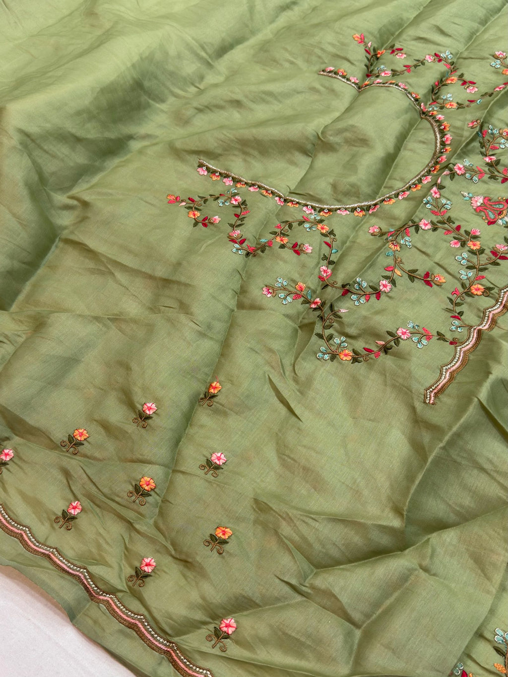 Olive Green Satin Silk Saree with Multicolour Resham Embroidery Suruchi Sarees