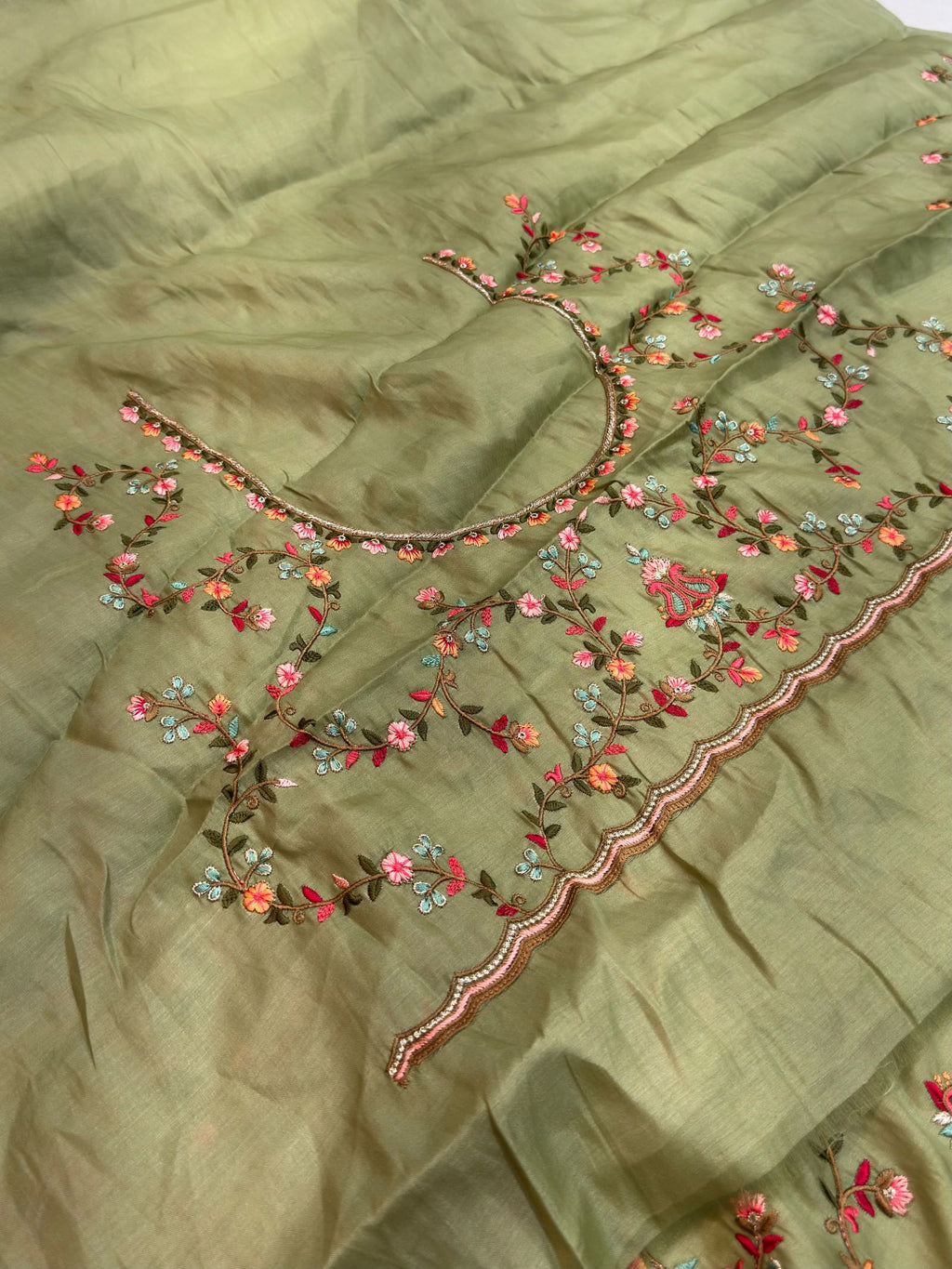 Olive Green Satin Silk Saree with Multicolour Resham Embroidery Suruchi Sarees