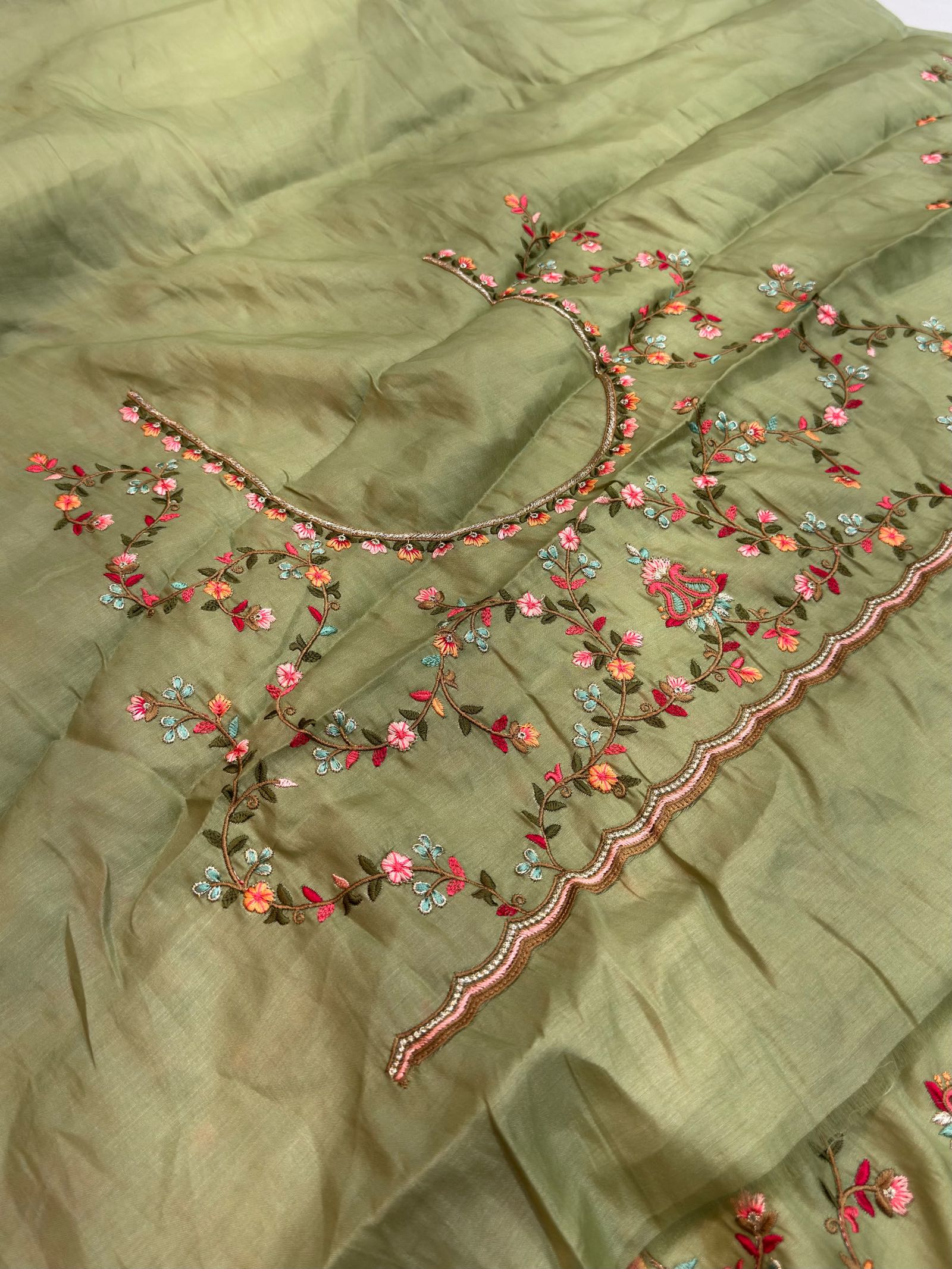 Olive Green Satin Silk Saree with Multicolour Resham Embroidery Suruchi Sarees