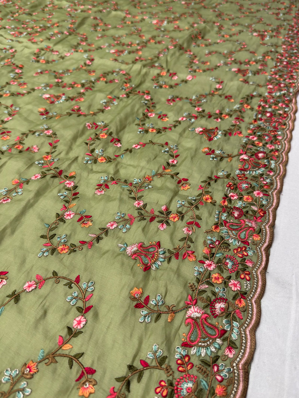 Olive Green Satin Silk Saree with Multicolour Resham Embroidery Suruchi Sarees