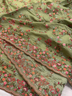 Olive Green Satin Silk Saree with Multicolour Resham Embroidery Suruchi Sarees