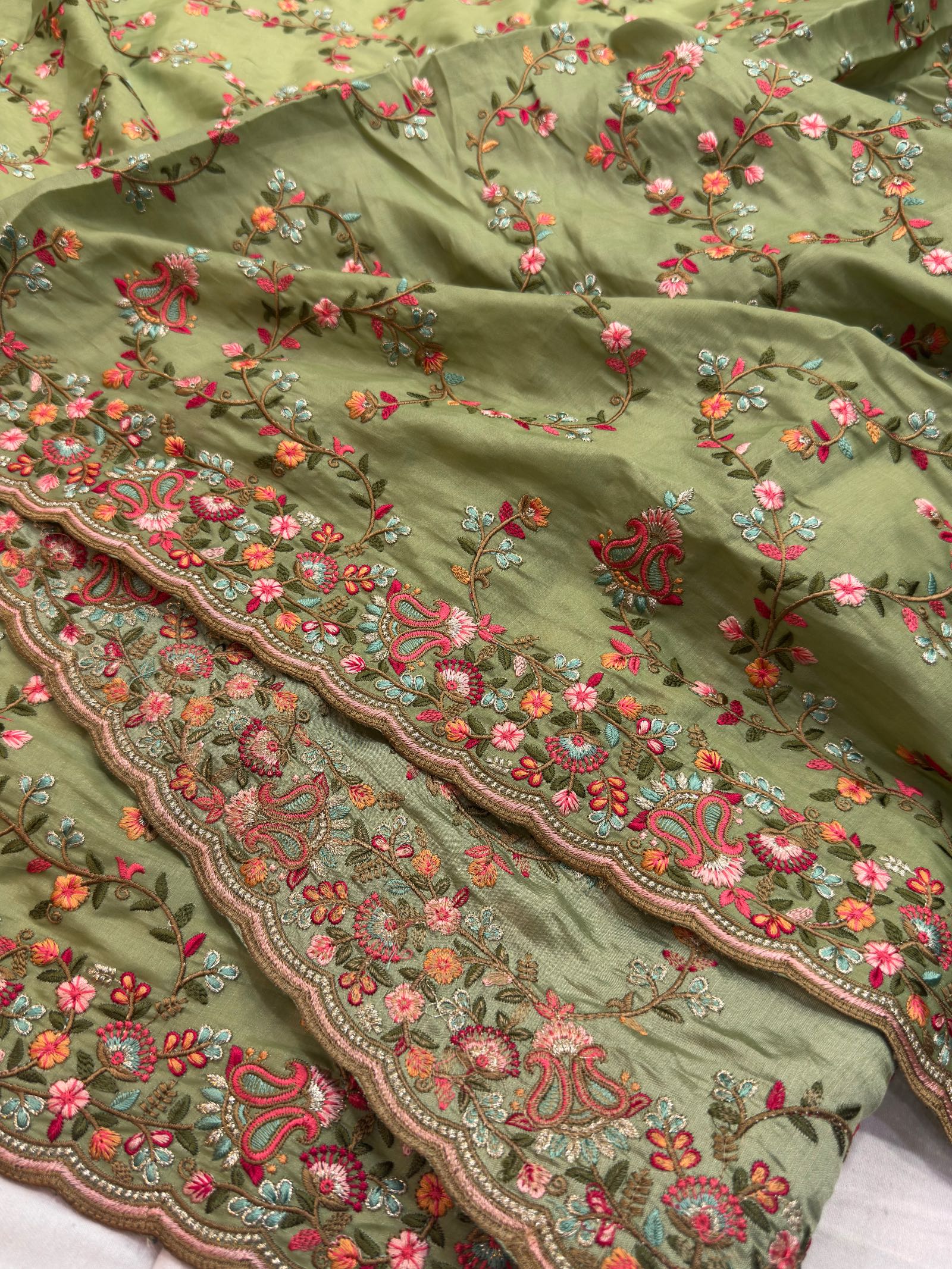 Olive Green Satin Silk Saree with Multicolour Resham Embroidery Suruchi Sarees