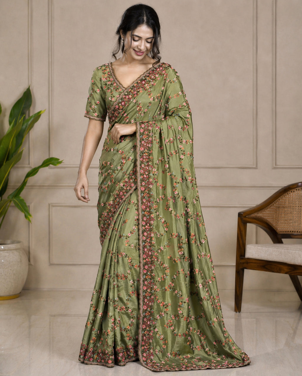Olive Green Satin Silk Saree with Multicolour Resham Embroidery Suruchi Sarees