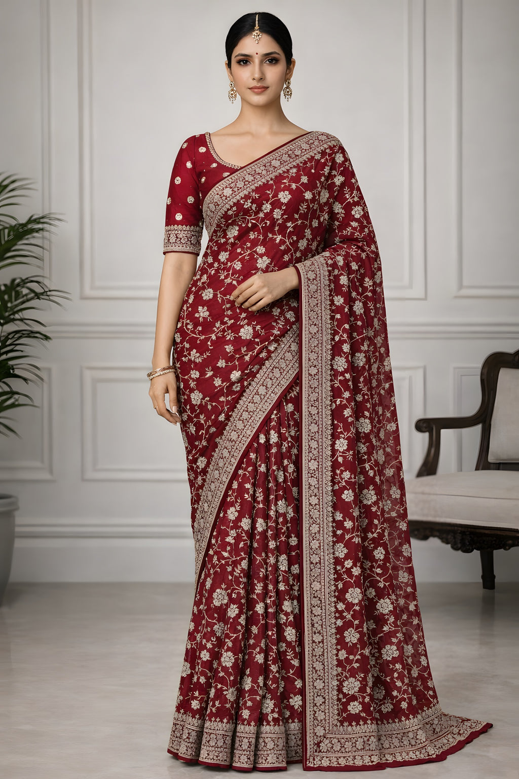 Woman wearing a red saree with white patterns in an indoor setting