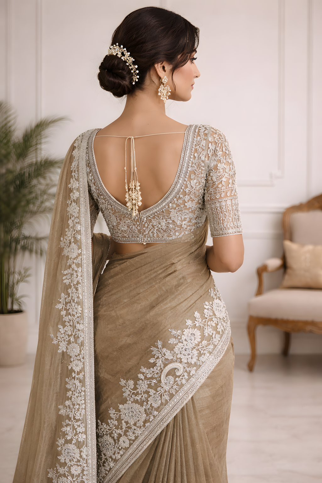 Taupe Gold Organza Saree with White Embroidery Border Suruchi Sarees