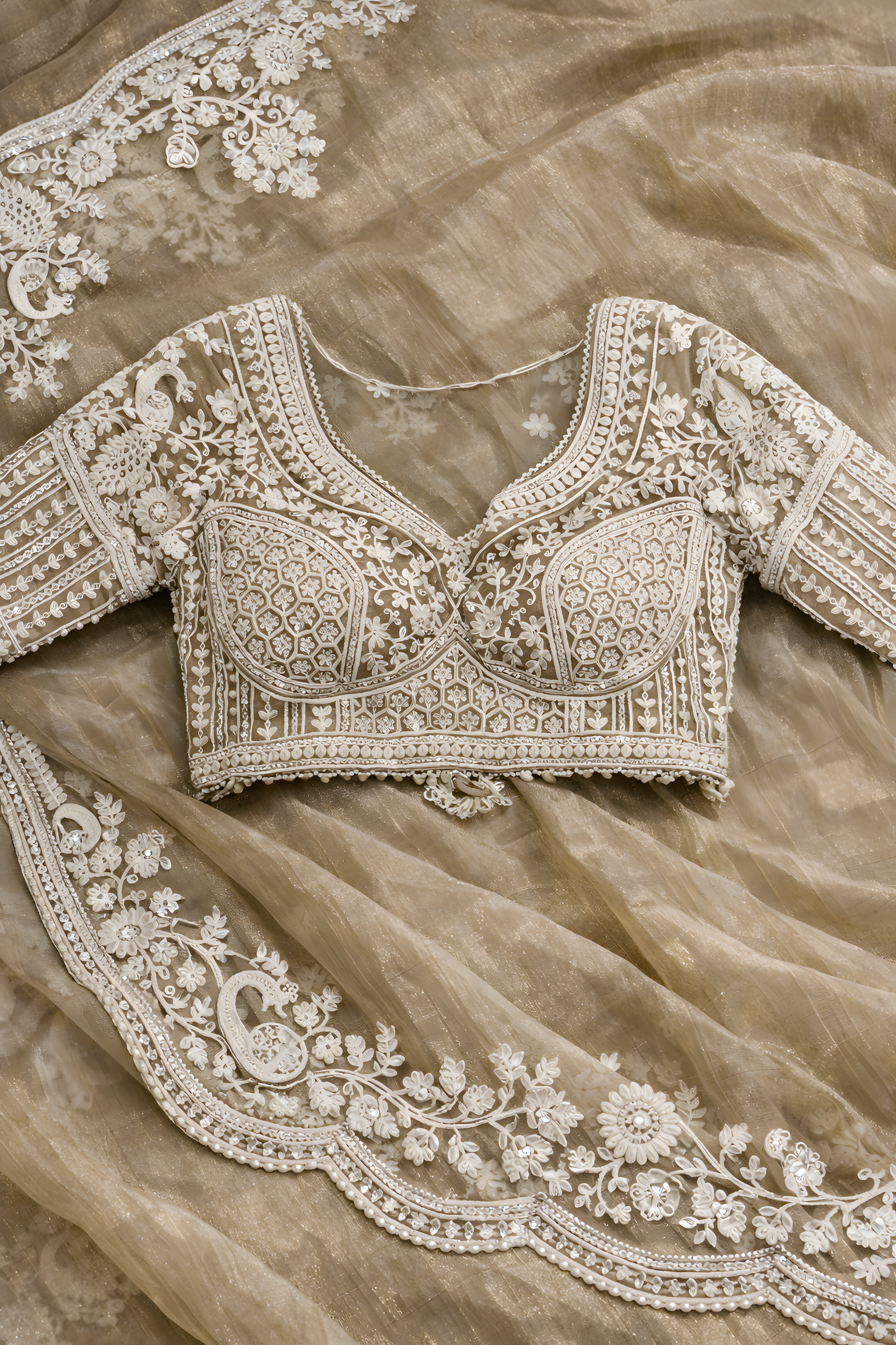 Taupe Gold Organza Saree with White Embroidery Border Suruchi Sarees