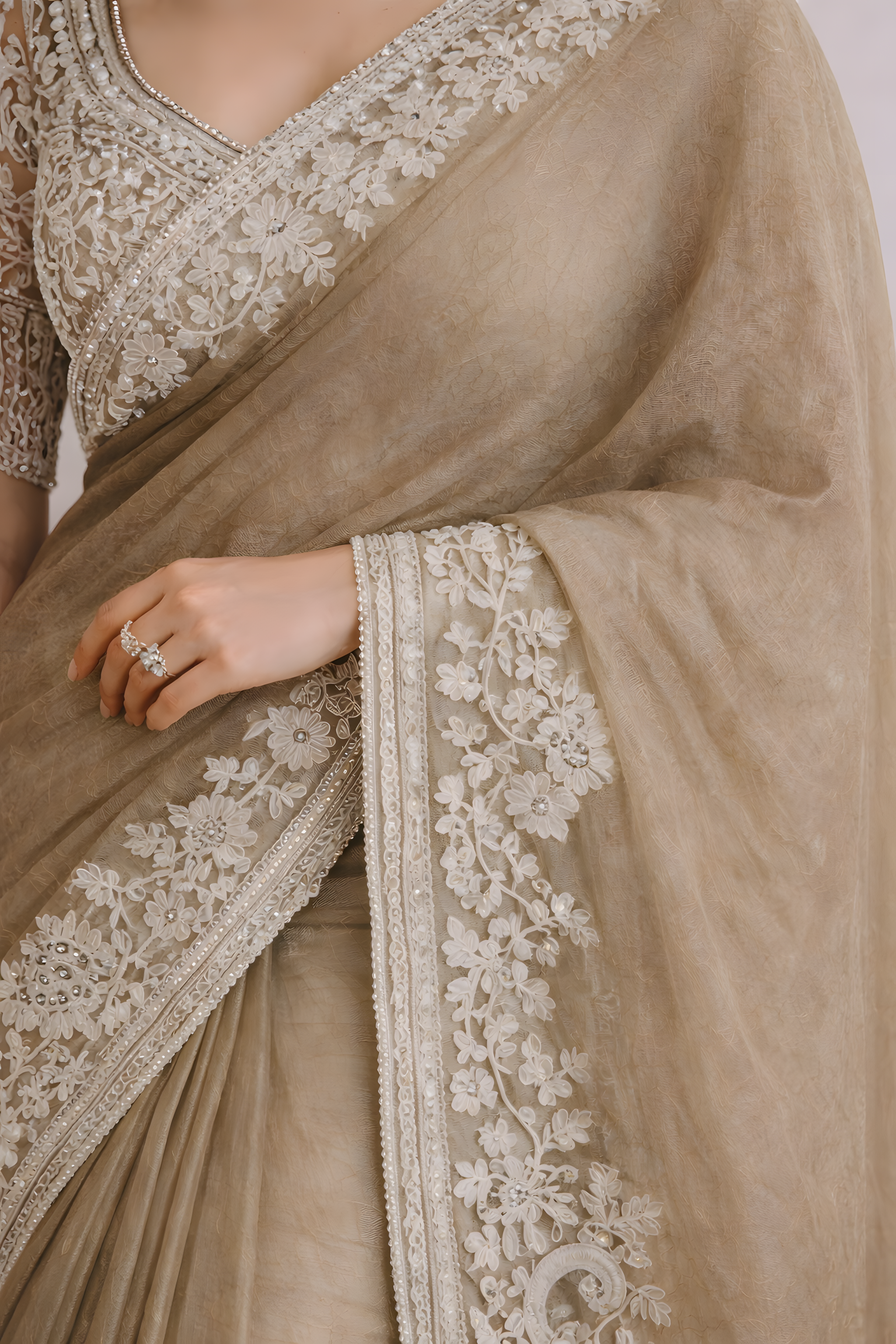 Taupe Gold Organza Saree with White Embroidery Border Suruchi Sarees