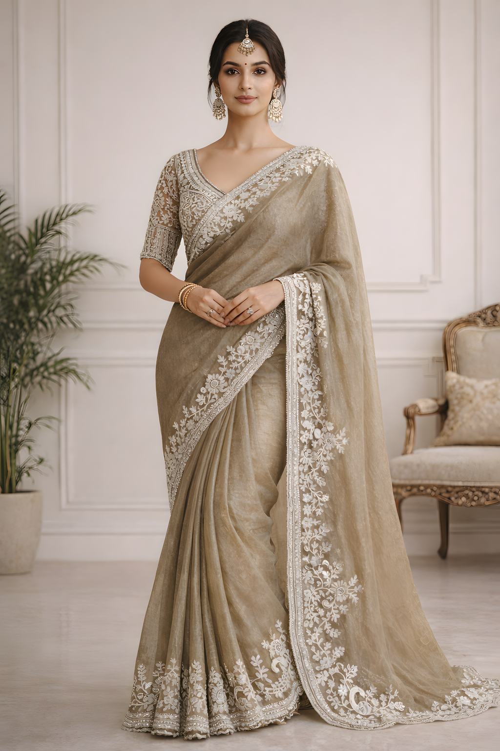 Taupe Gold Organza Saree with White Embroidery Border Suruchi Sarees