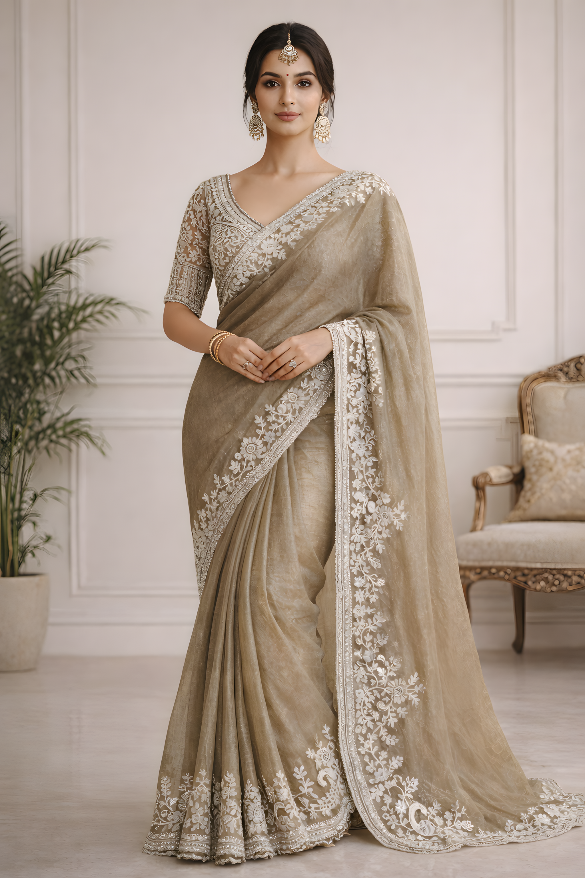 Taupe Gold Organza Saree with White Embroidery Border Suruchi Sarees