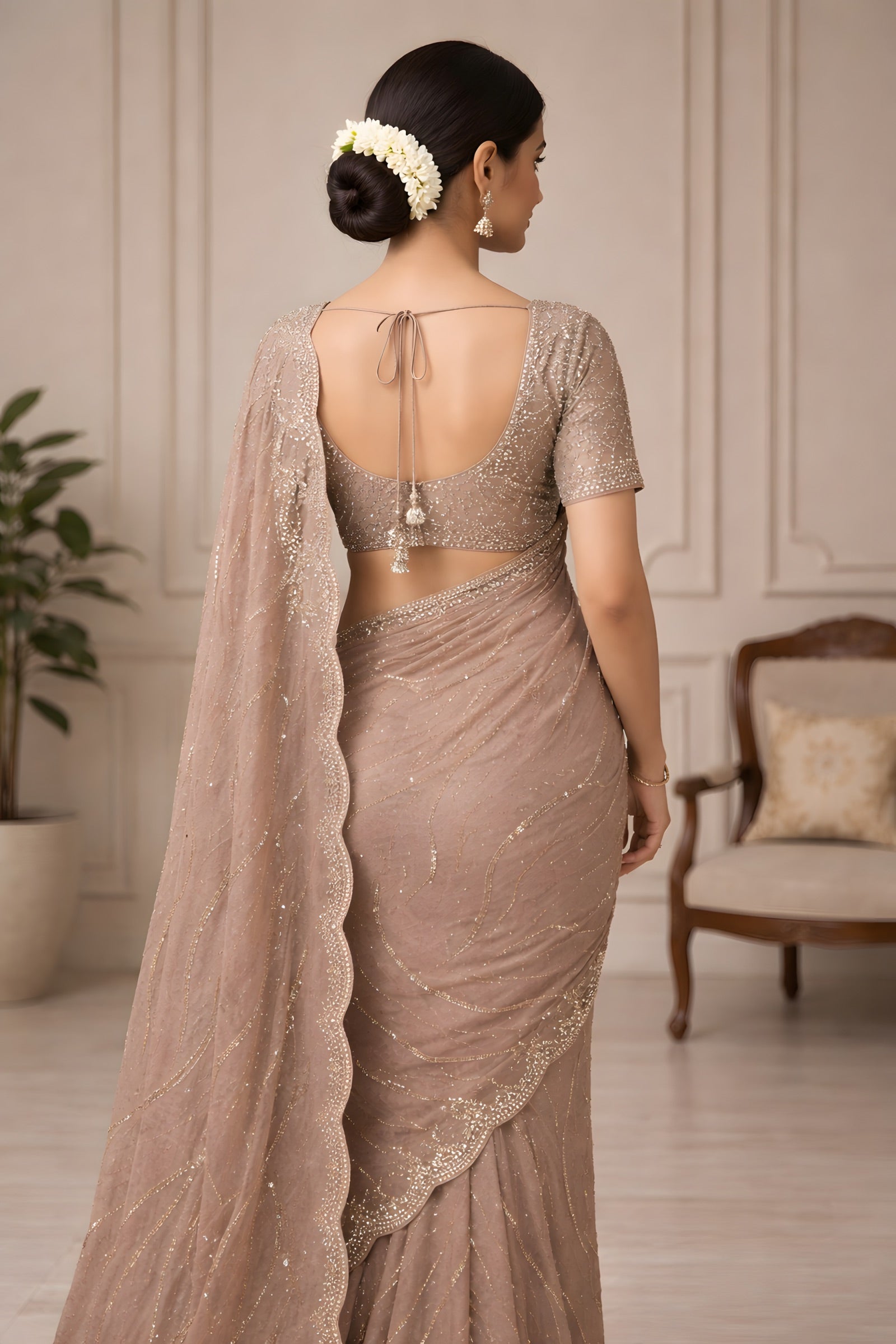 Beige Chiffon Saree with Golden Jarkan & Cutdana Handwork Suruchi Sarees