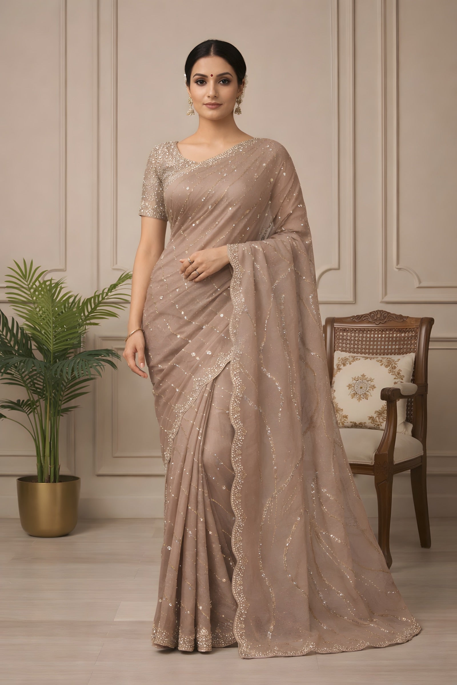 Beige Chiffon Saree with Golden Jarkan & Cutdana Handwork Suruchi Sarees