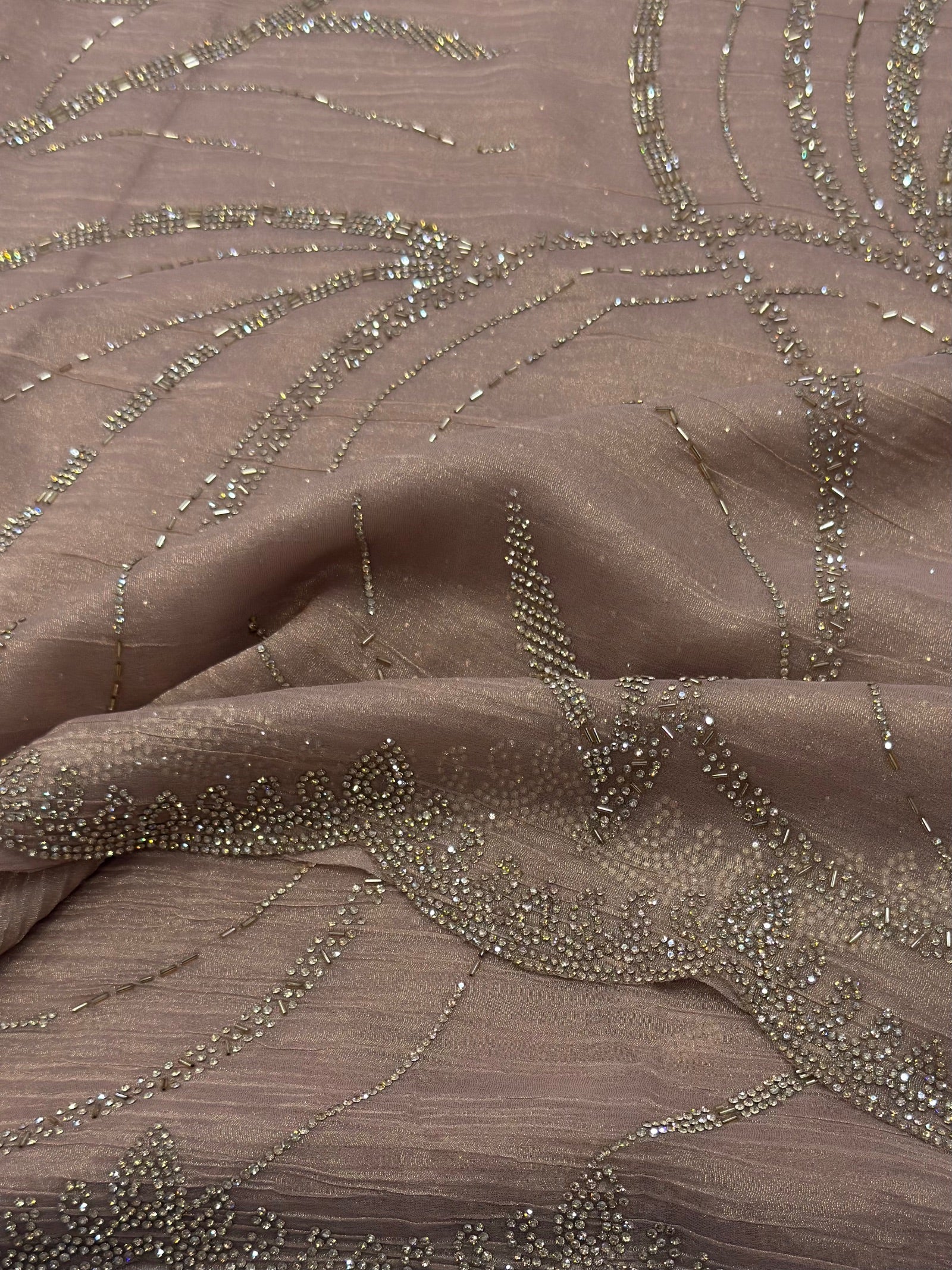 Beige Chiffon Saree with Golden Jarkan & Cutdana Handwork Suruchi Sarees