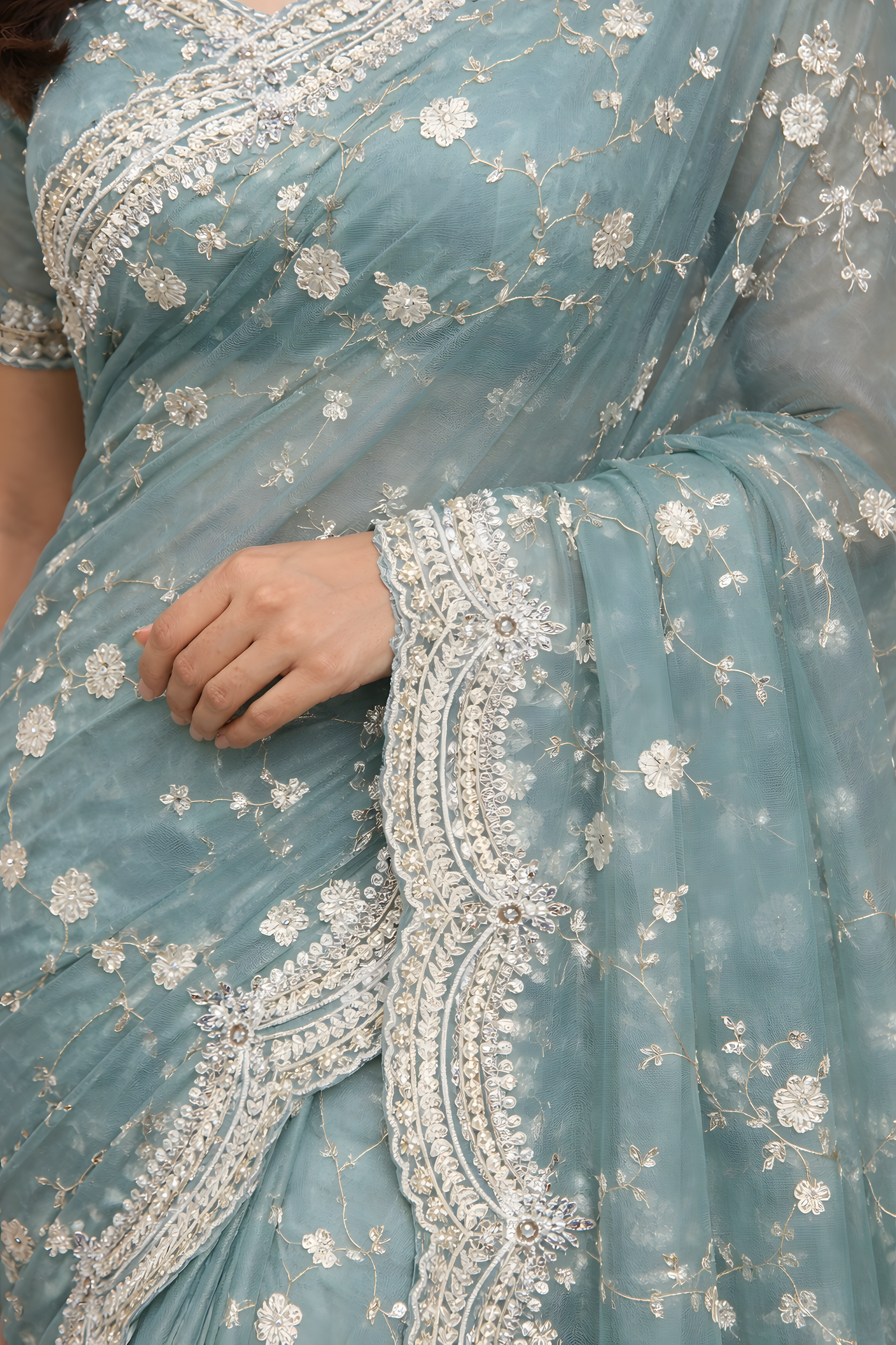 Sea Green Organza Foil Print Saree with Pearl Work Suruchi Sarees