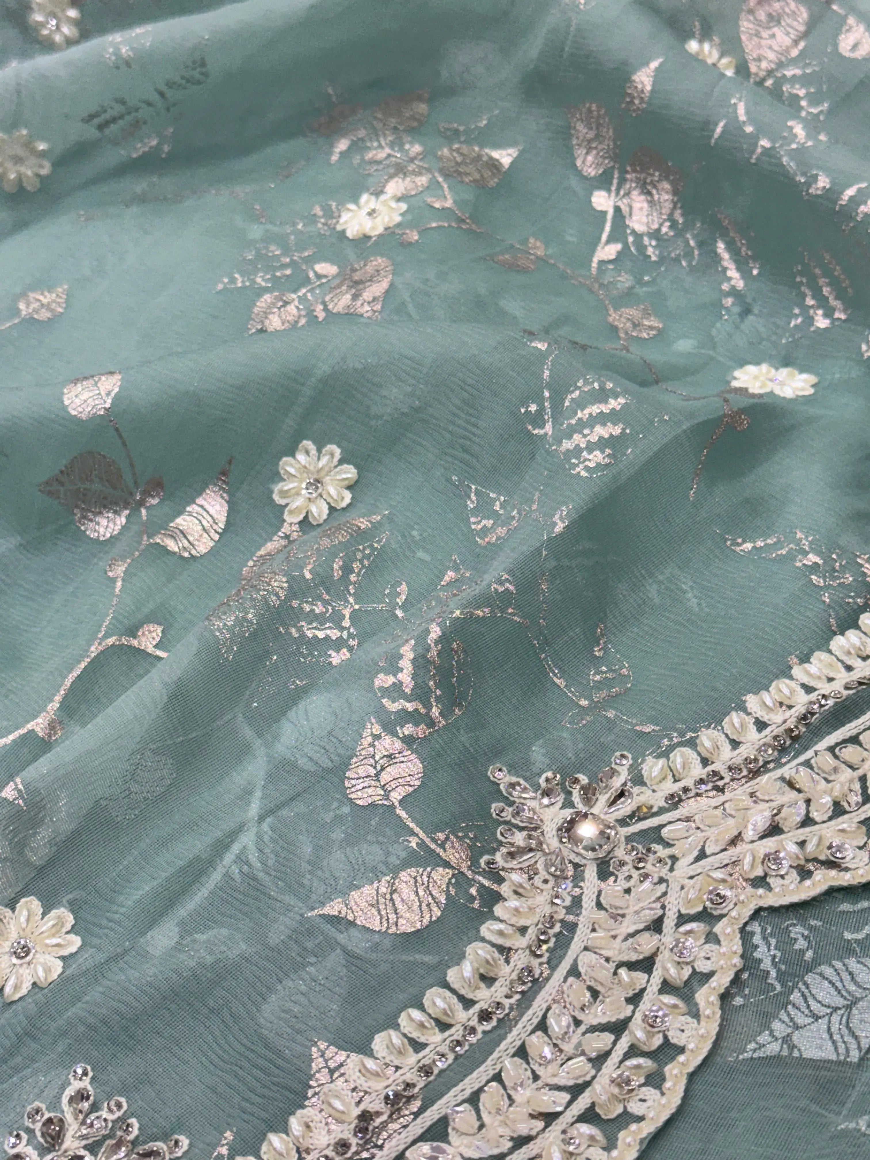 Sea Green Organza Foil Print Saree with Pearl Work Suruchi Sarees