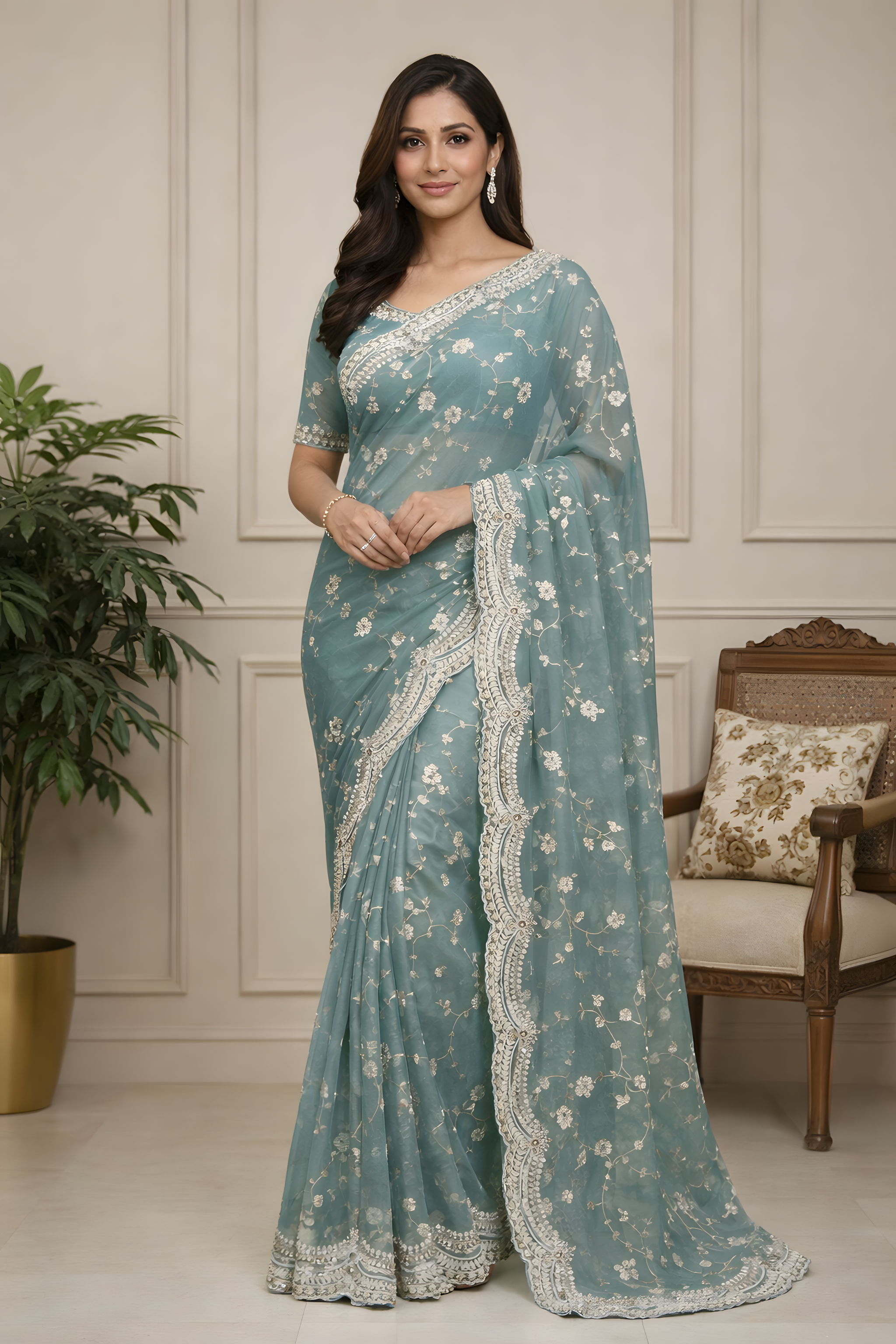 Sea Green Organza Foil Print Saree with Pearl Work Suruchi Sarees