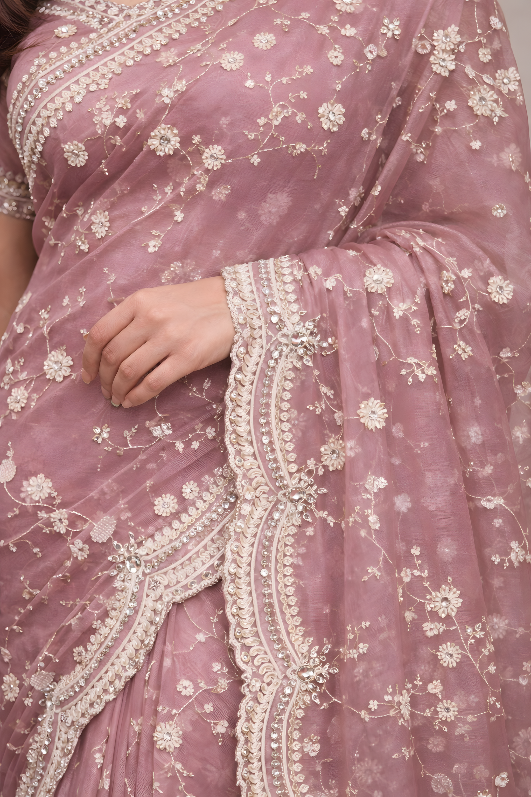 Dusty Rose Organza Foil Print Saree with Pearl Work Suruchi Sarees